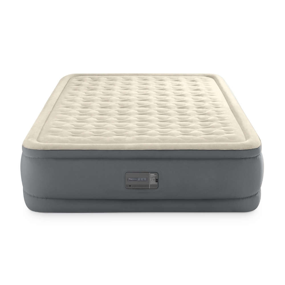 Un matelas gonflable beige et gris sur fond blanc.