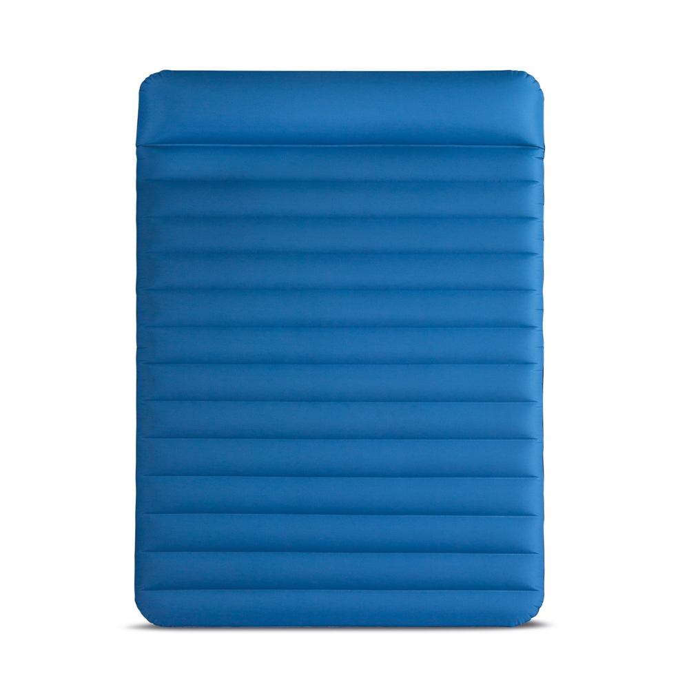 Blue air mattress, top view, isolated on white background.