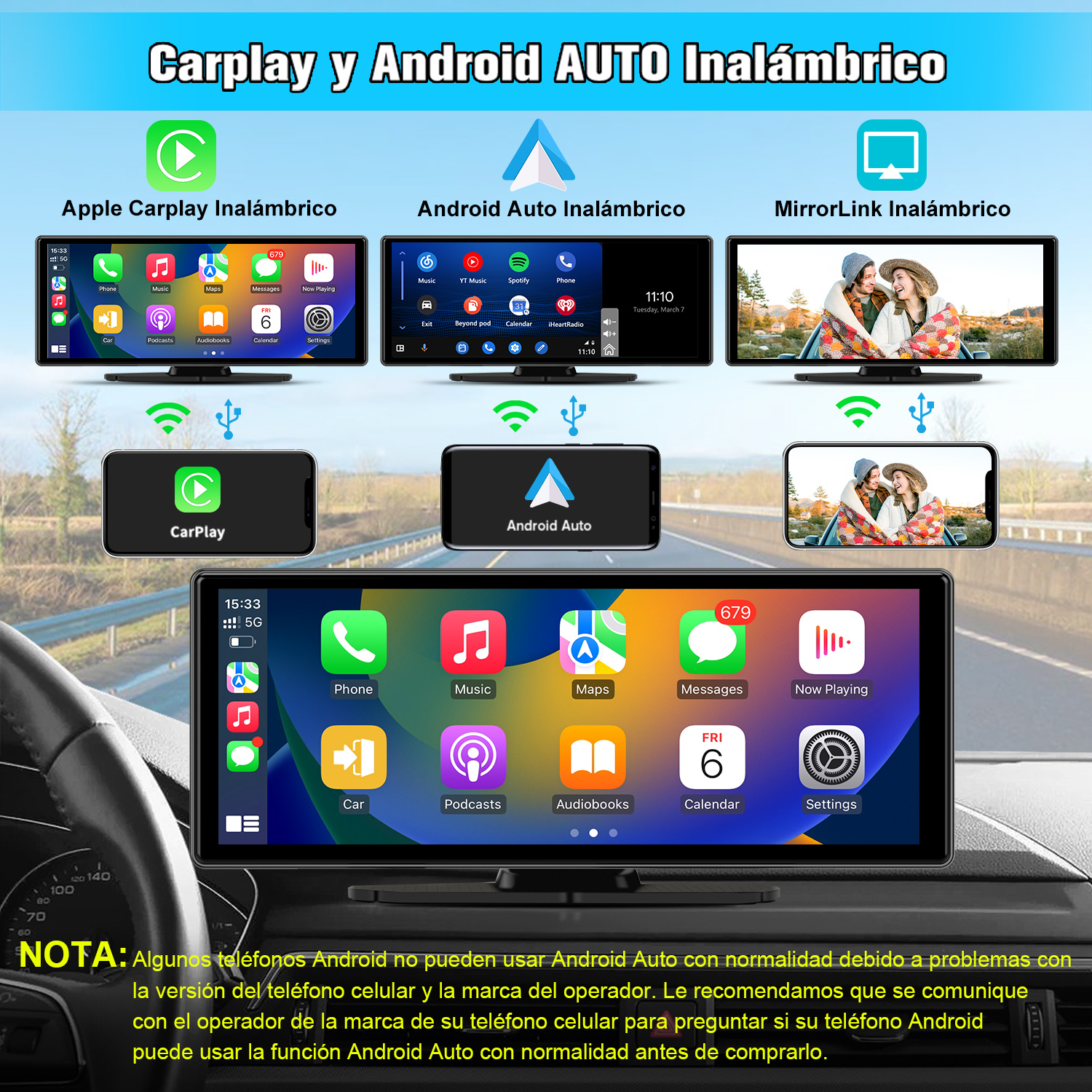 Pantalla de coche muestra CarPlay, Android Auto y MirrorLink con iconos, texto e interfaz.