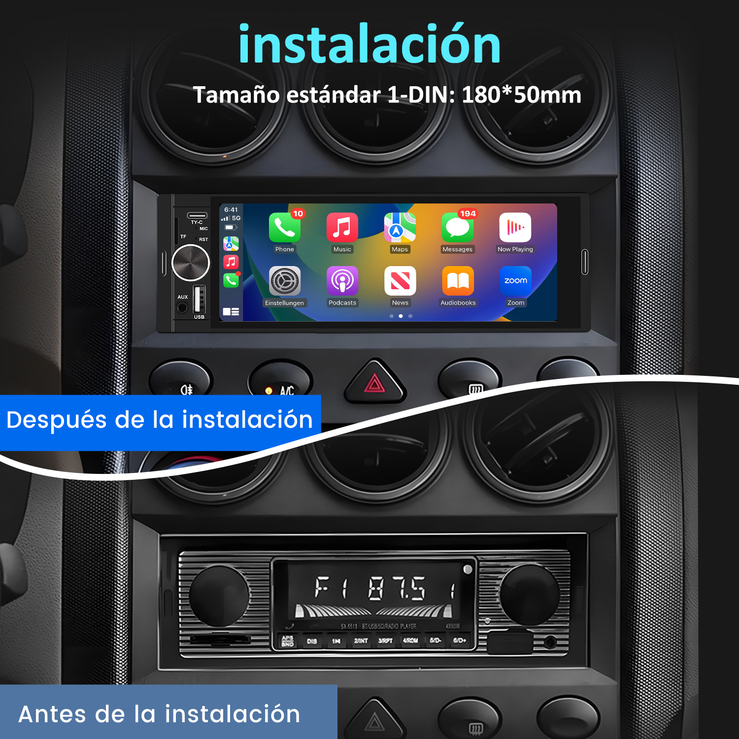 Instalación de radio para automóvil con vistas del antes y el después, que muestra una pantalla multimedia y botones.