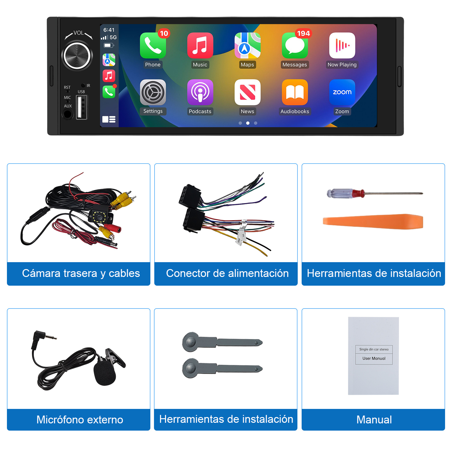 Radio de coche con pantalla, cables, conectores y herramientas de instalación sobre una superficie.