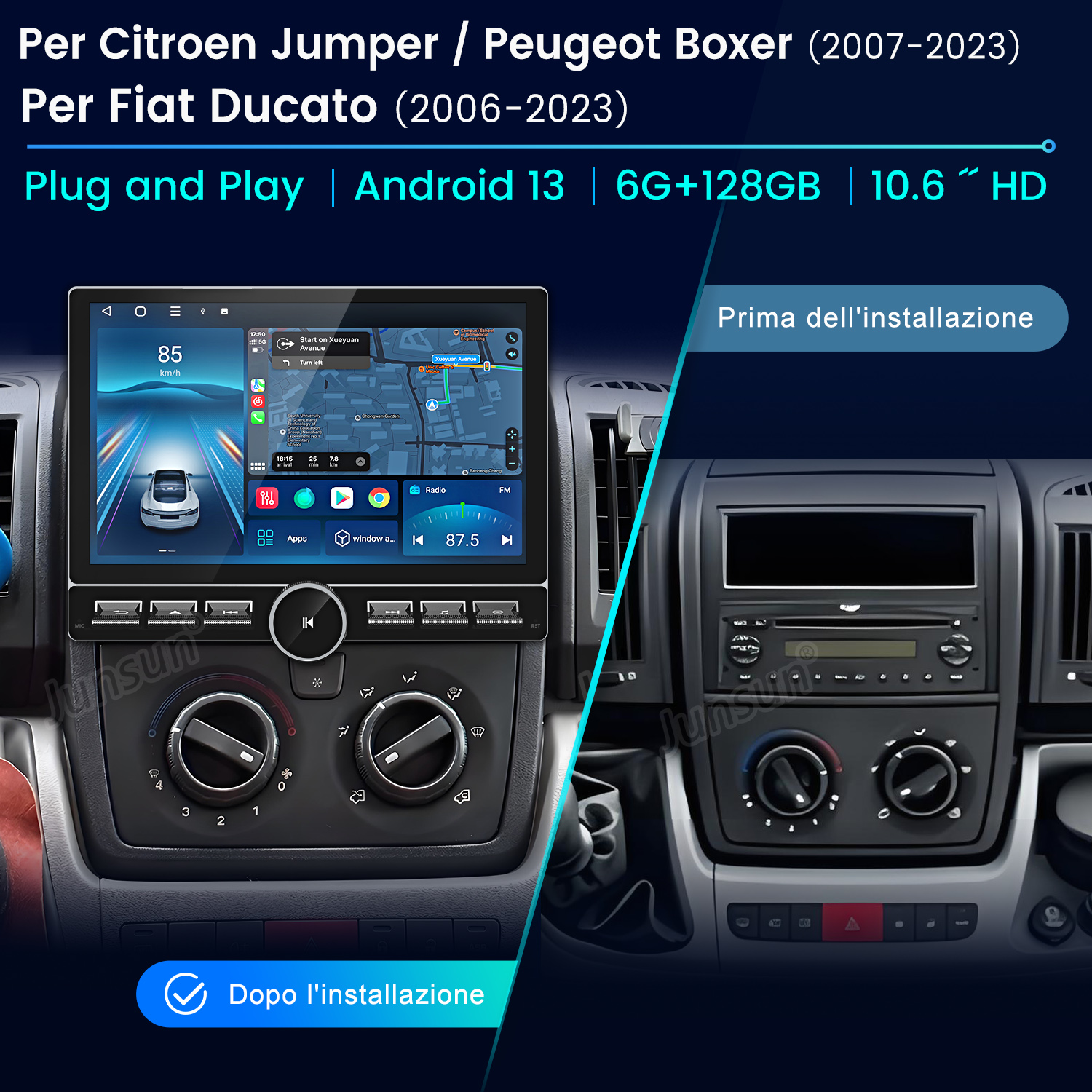 Pantalla de radio de coche con Android 13 y navegación. Muestra vistas de antes y después de la instalación.
