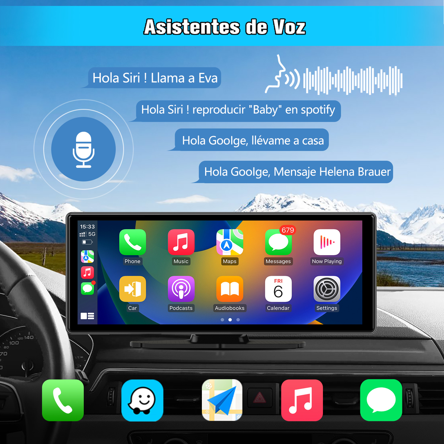Pantalla del coche con comandos de voz, iconos de aplicaciones y vista de montaña.
