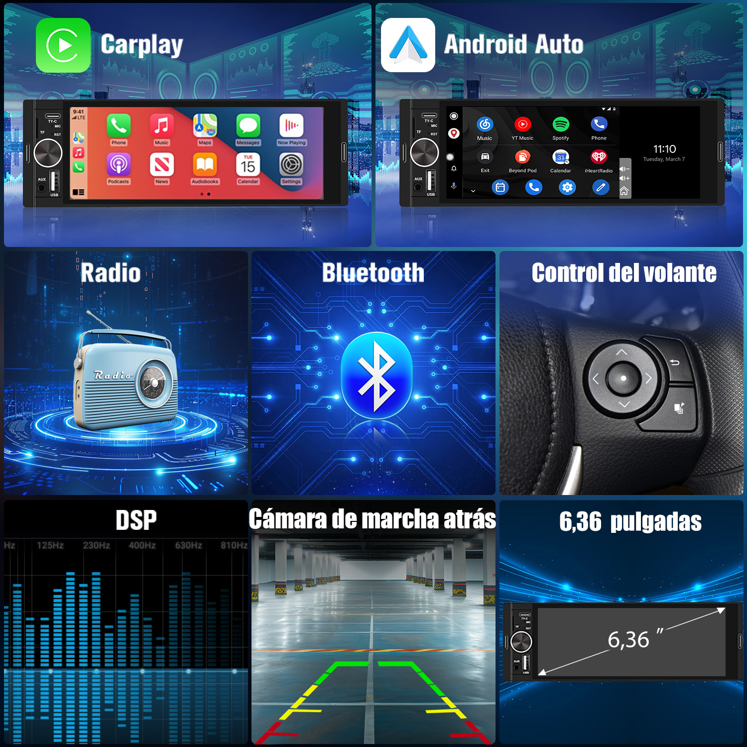 Interfaz de una radio de coche con CarPlay y Android Auto, que muestra varias aplicaciones y configuraciones.