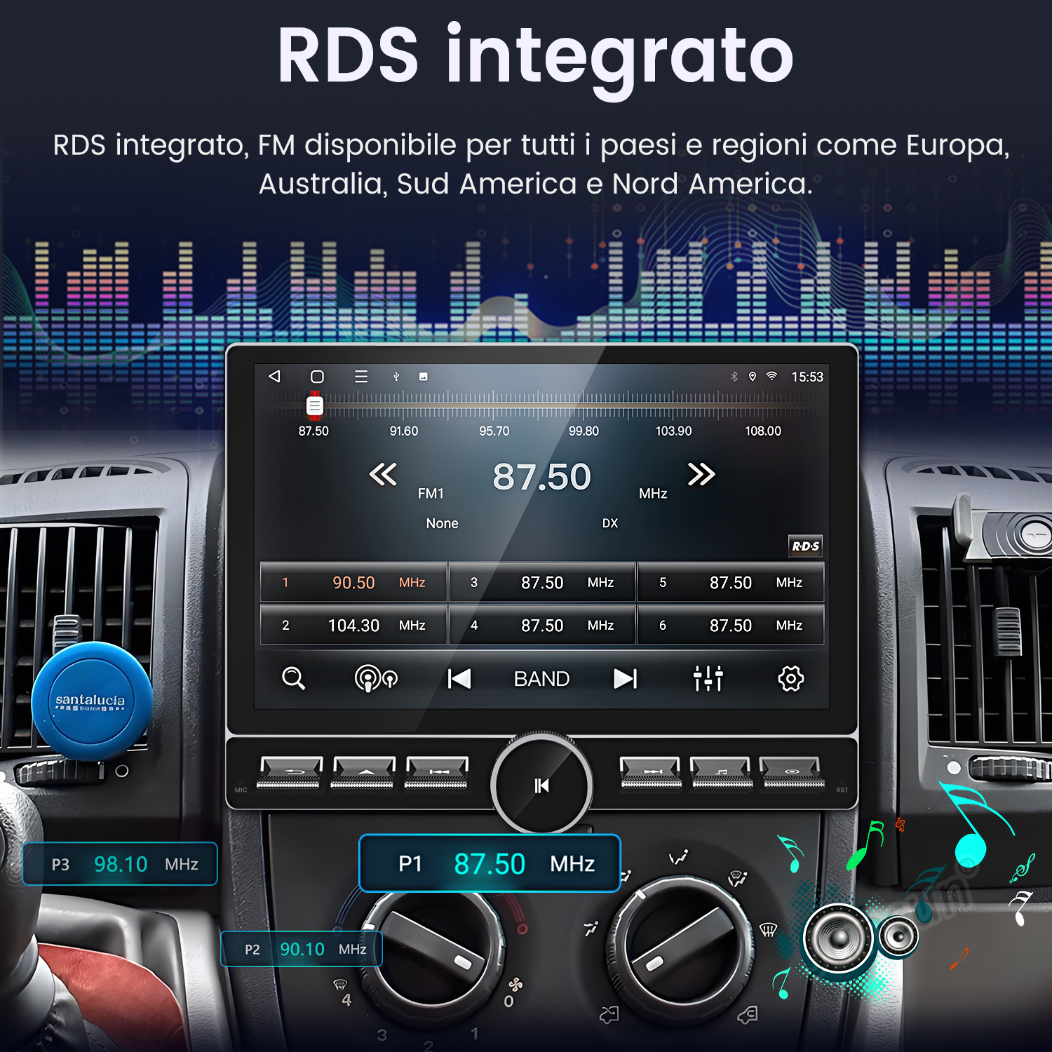 Sistema de audio de coche, mostrando la interfaz de radio. Texto: RDS integrato.