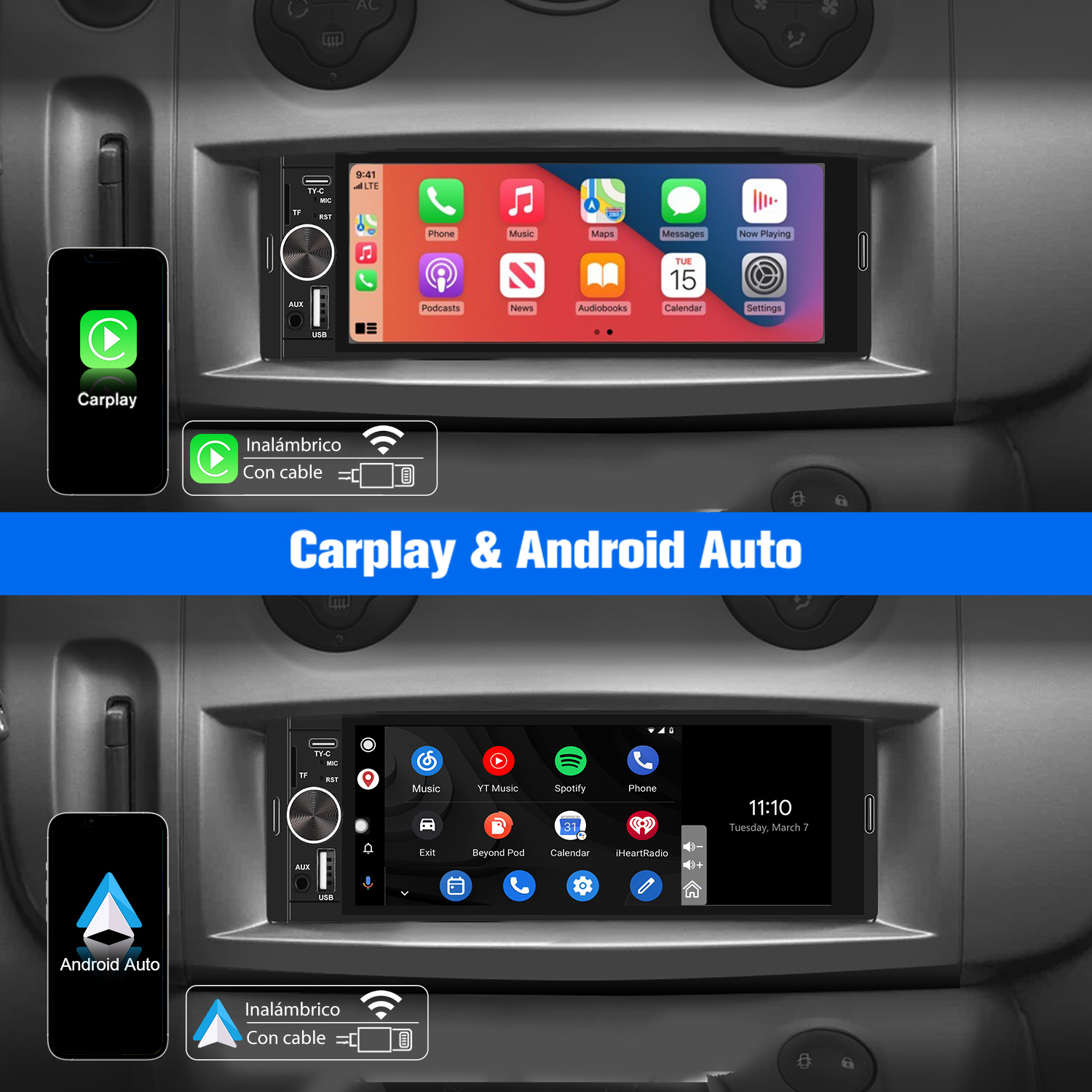 Estéreo de coche con CarPlay y Android Auto. Dos teléfonos muestran las interfaces en la pantalla del coche.
