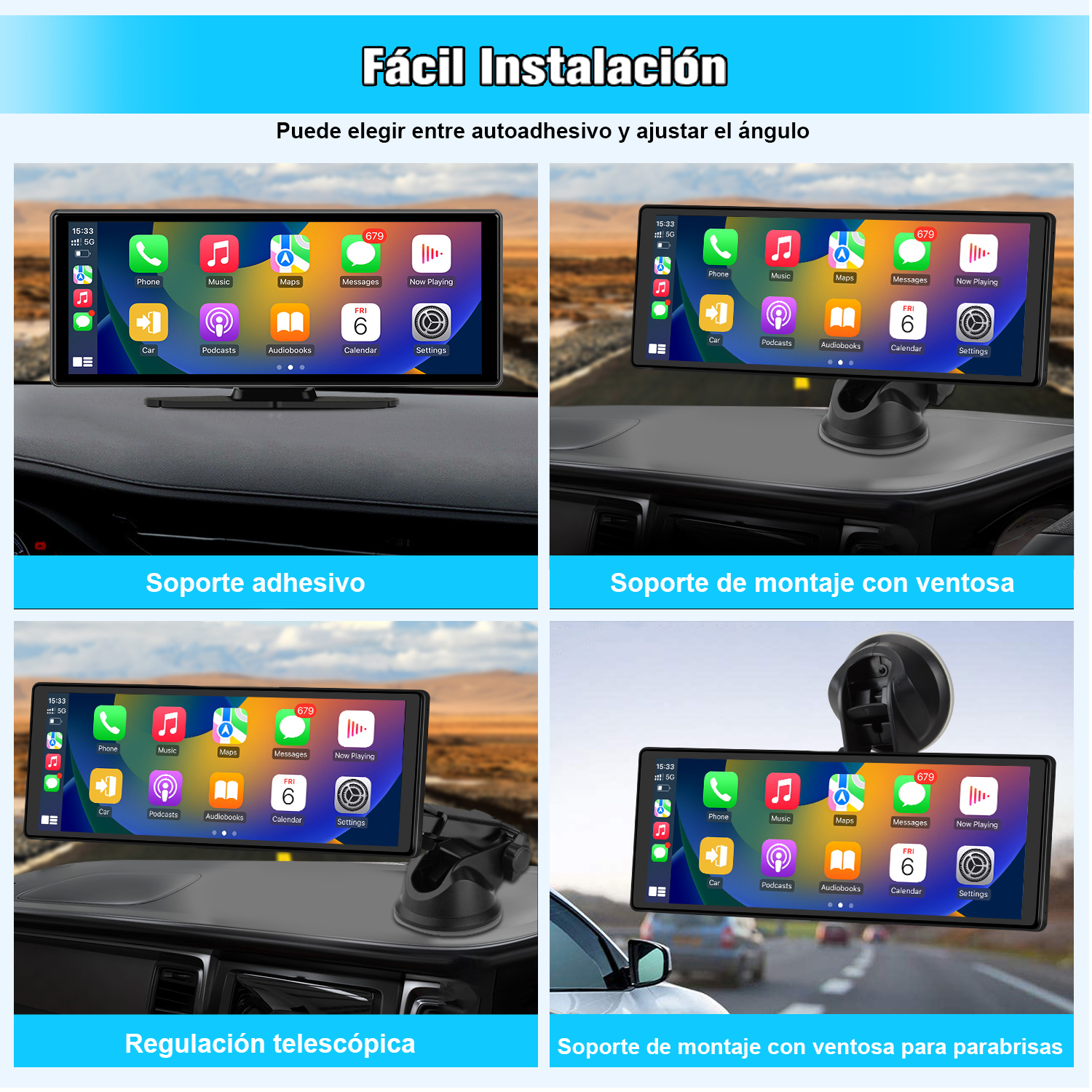 Cuatro imágenes que muestran pantallas de tablero de automóvil con diferentes opciones de montaje e interfaces.