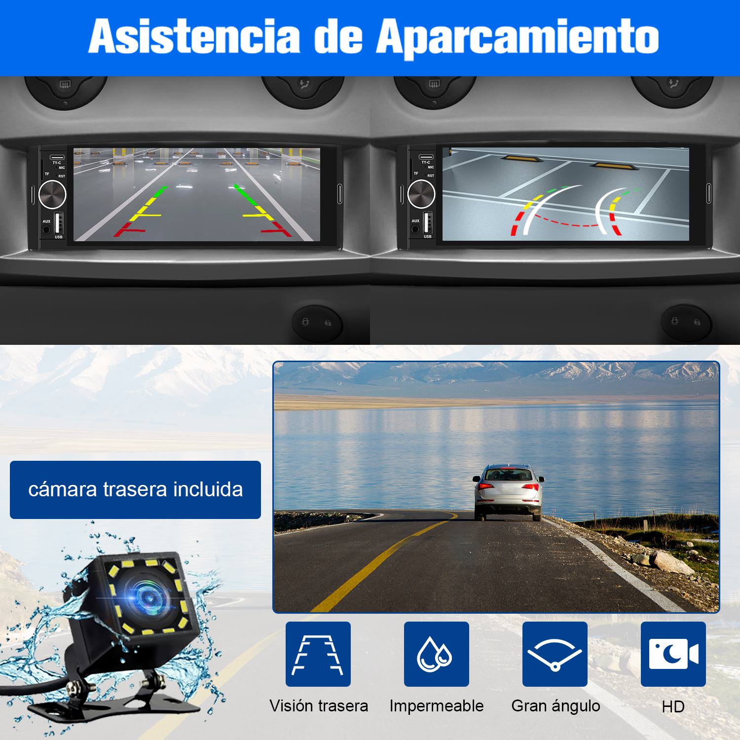 Un coche con pantalla de cámara de marcha atrás. La imagen también tiene una cámara trasera y una vista del lago.