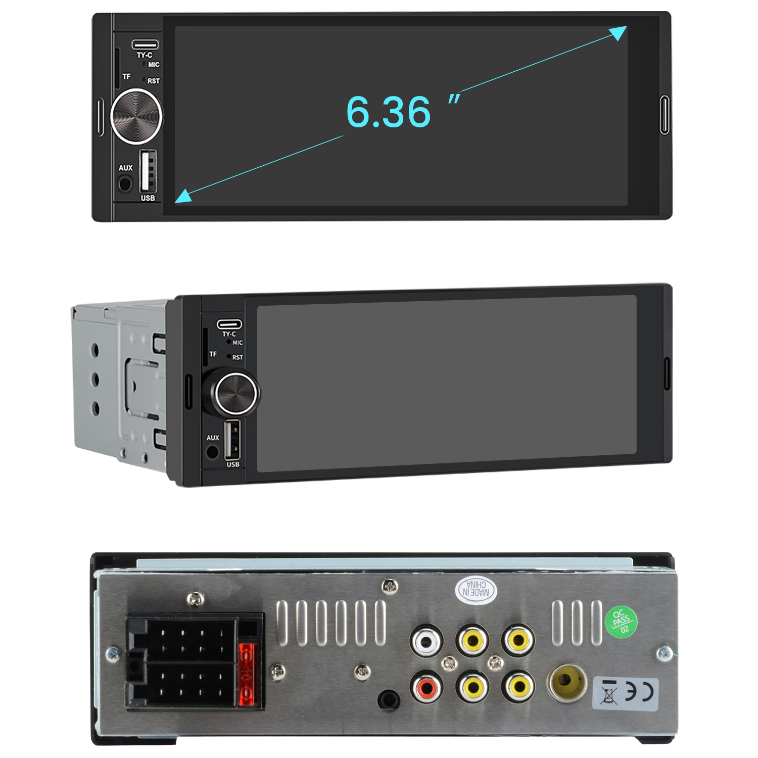 Radio samochodowe z czarnym ekranem, portem USB i przyciskami. Widoki z góry, przodu i tyłu.