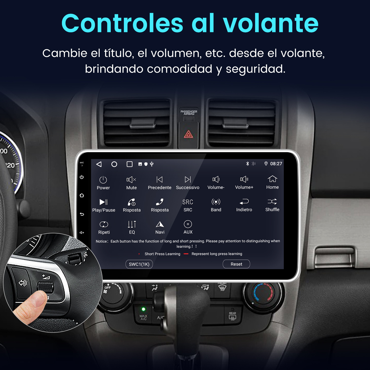 Pantalla de infoentretenimiento de coche con controles. Volante con controles a la izquierda. Interior de un coche.