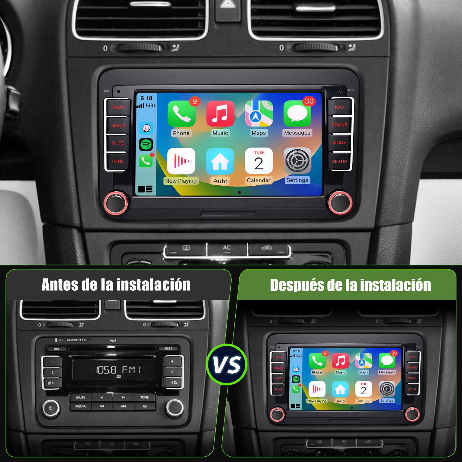 Comparación de pantalla de estéreo de coche. Radio antigua vs. nueva pantalla táctil con iconos de teléfono, música, mapas y ajustes.