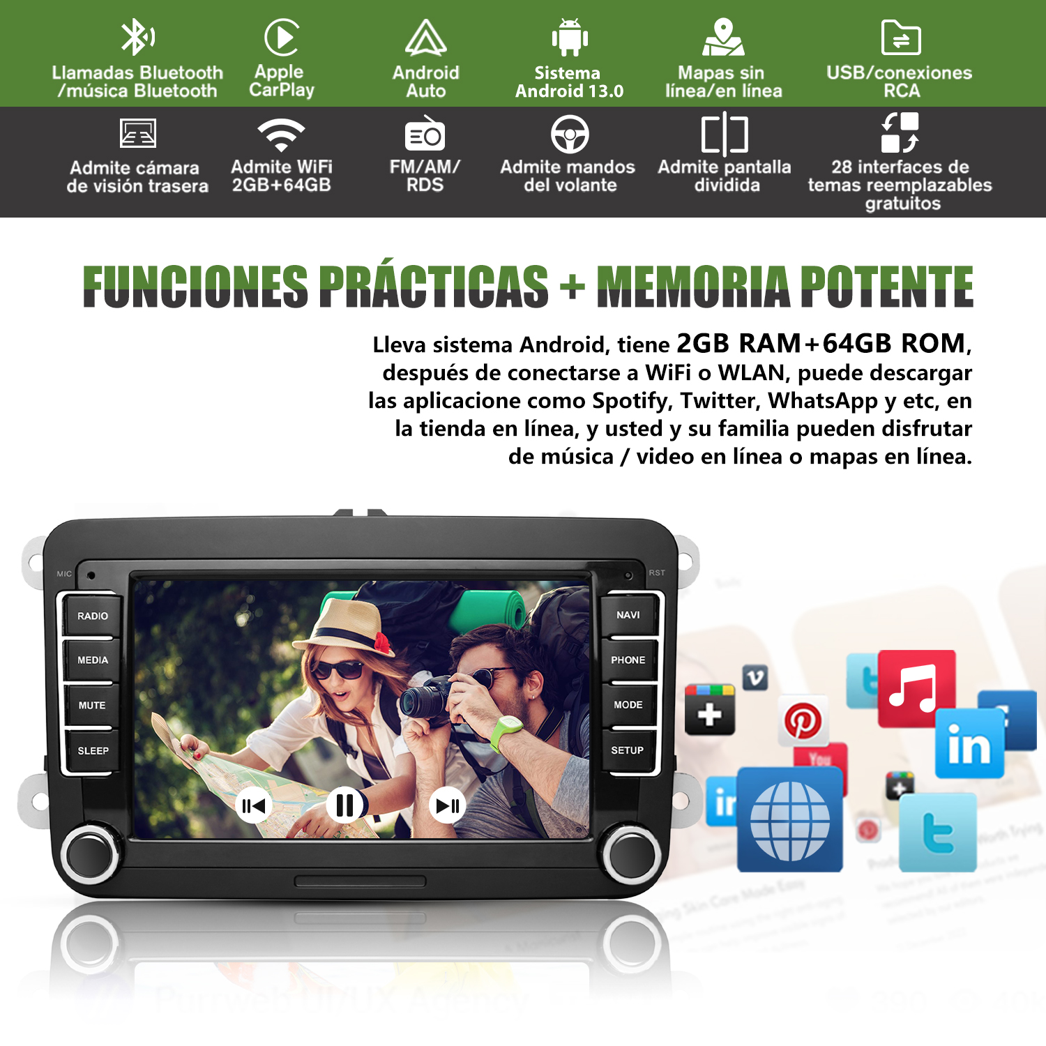 Autorradio con pantalla táctil que muestra un mapa, iconos y texto en español.