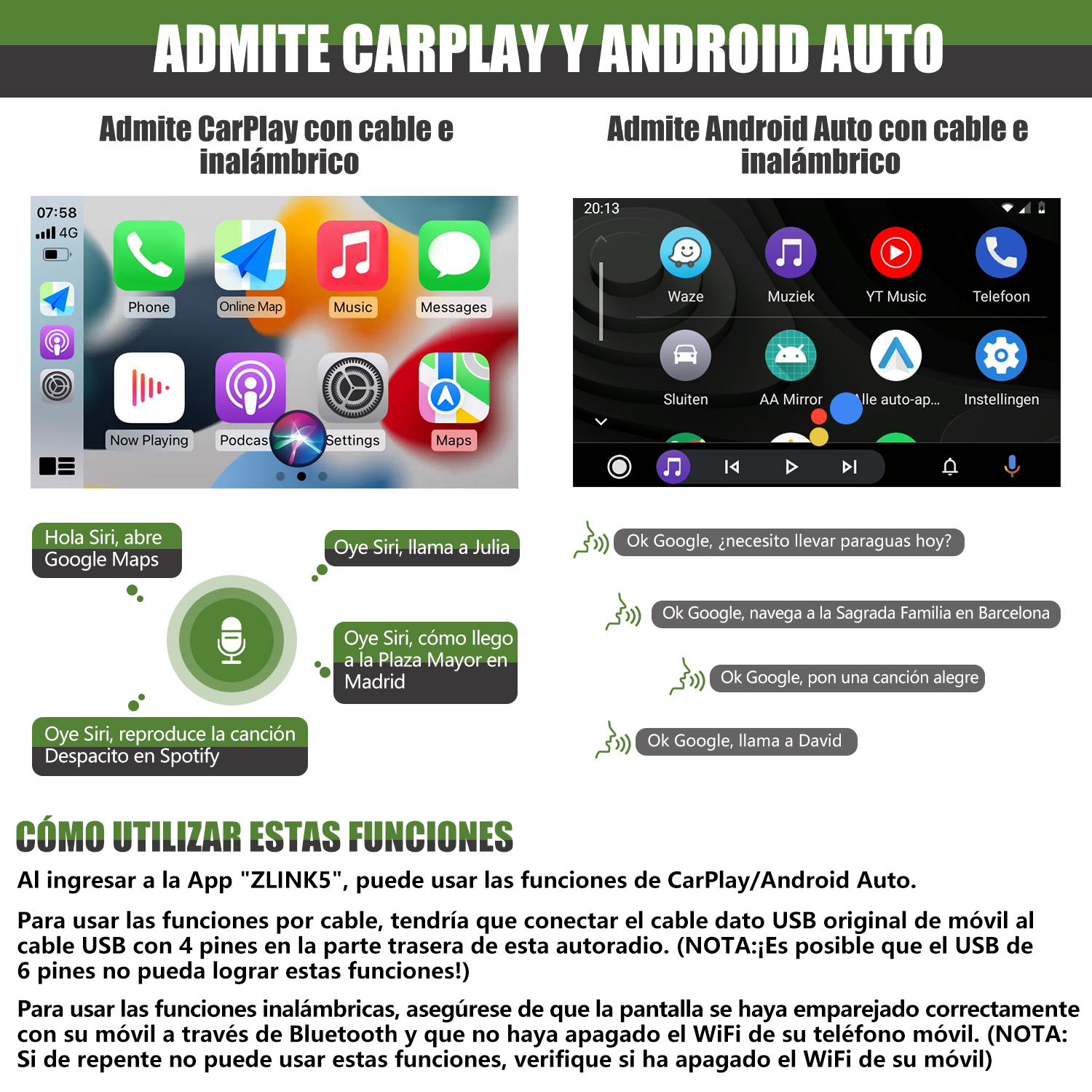 Una pantalla de teléfono que muestra iconos de aplicaciones y texto con indicaciones conversacionales para CarPlay y Android Auto.