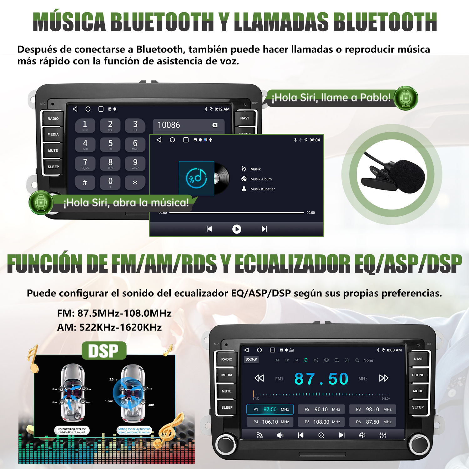 Radio de coche con pantalla mostrando música y ajustes de radio FM. Se muestra el micrófono.