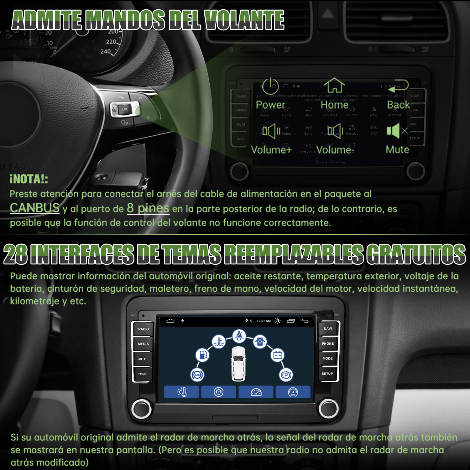 Una pantalla de radio de coche con varios botones y un icono de coche, con texto en español.