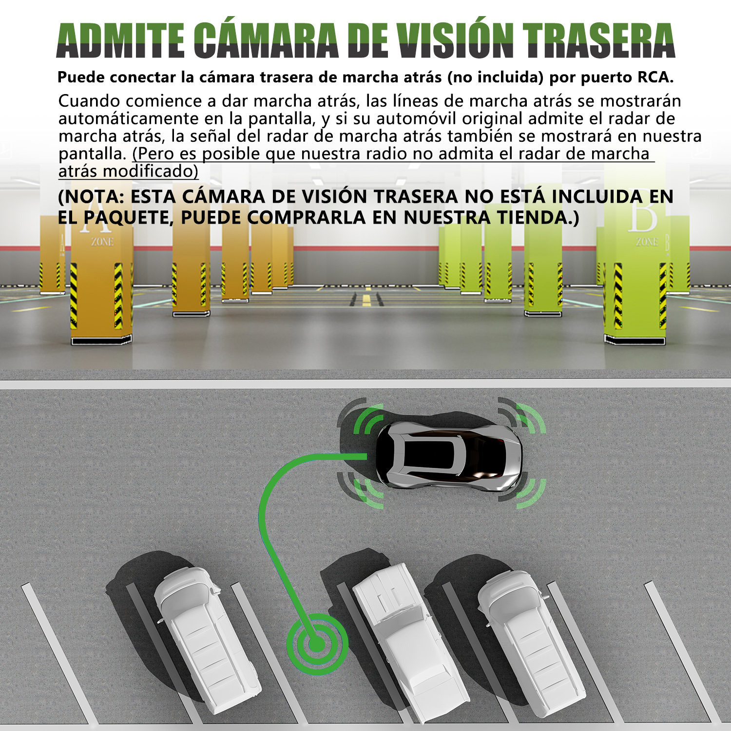 Diagrama de un coche retrocediendo en un estacionamiento. Texto en español sobre funciones y compatibilidad de cámara.