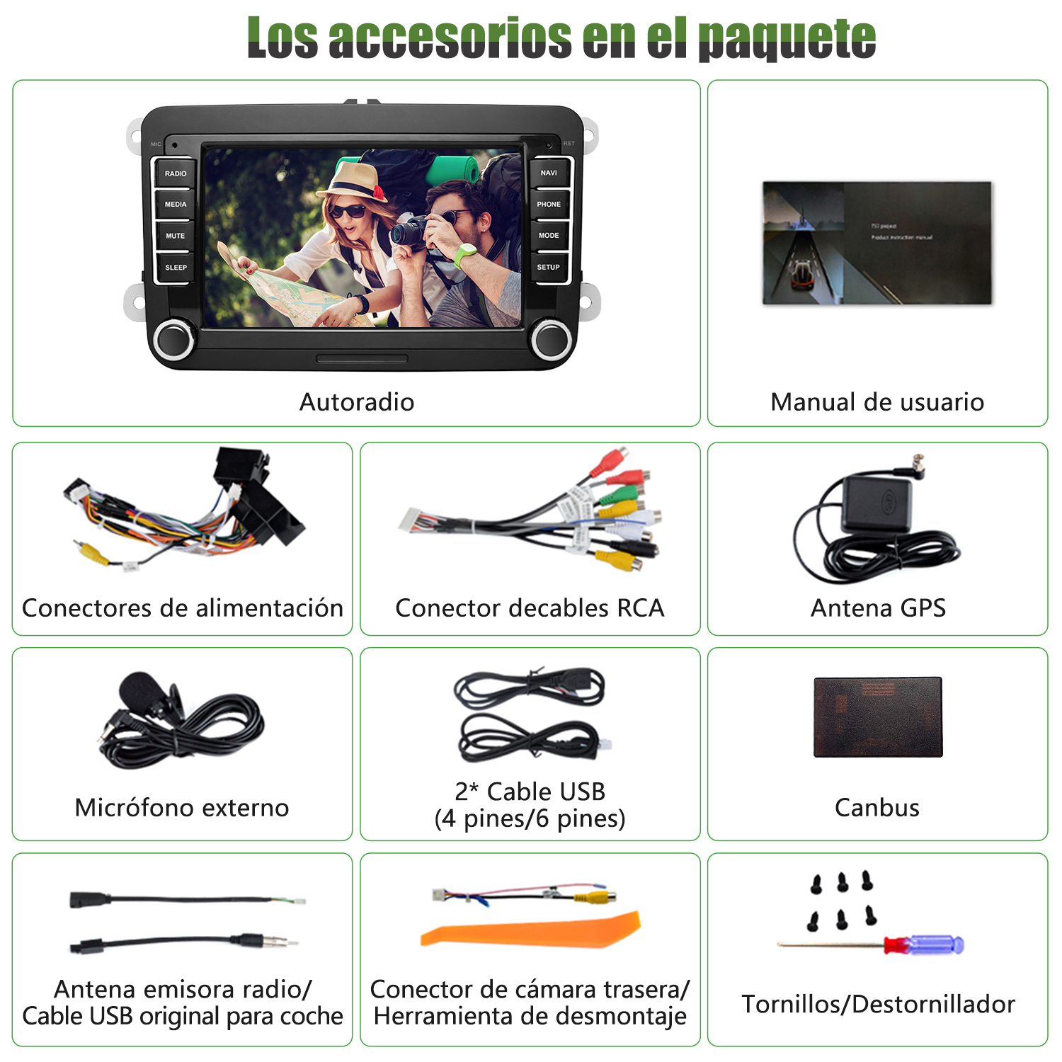 Accesorios de radio de coche en una caja, incluyendo radio, cables y micrófono.