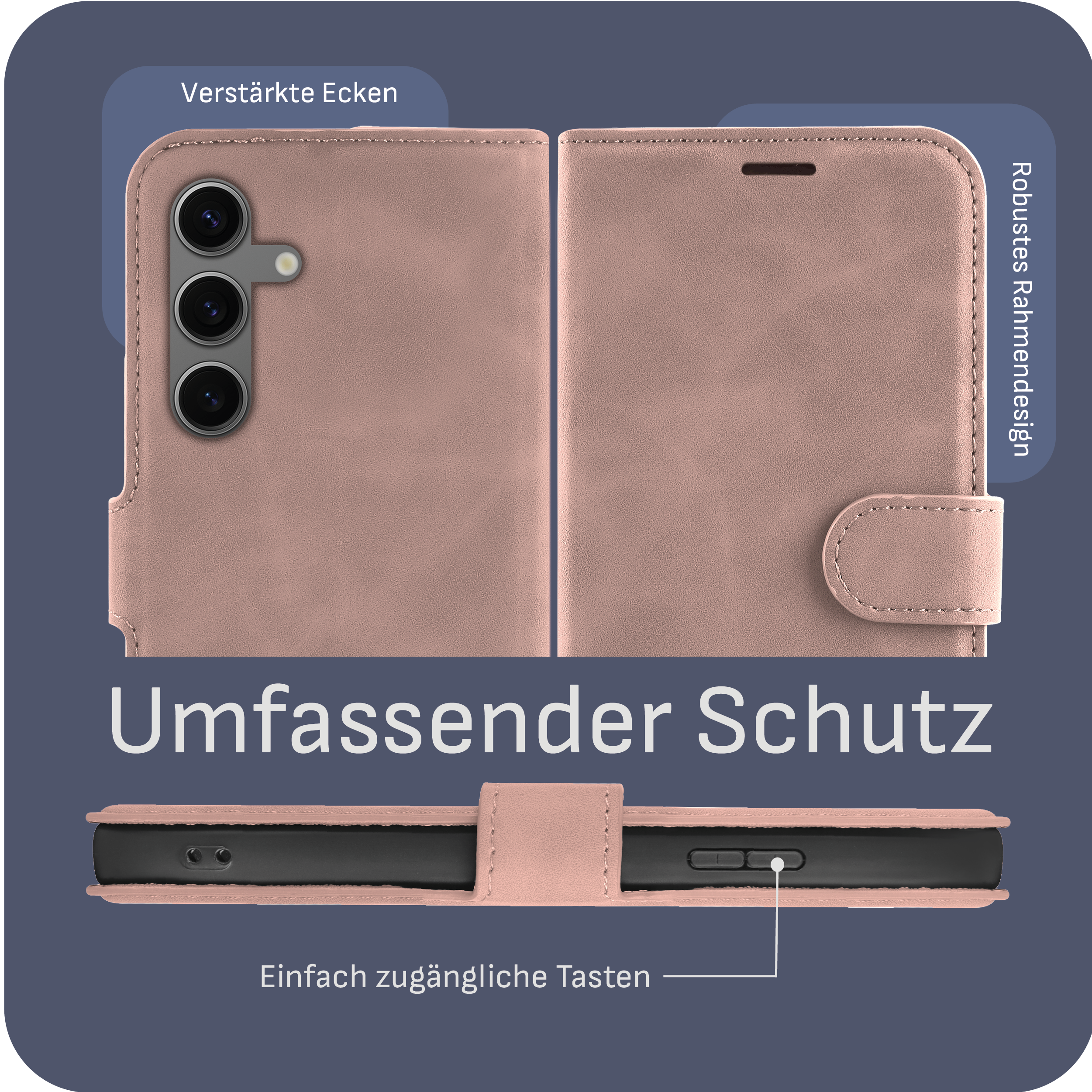 Rosa Handyhülle, offen. Zeigt Kamera und Tasten des Telefons. Text auf Deutsch: 'Umfassender Schutz'.