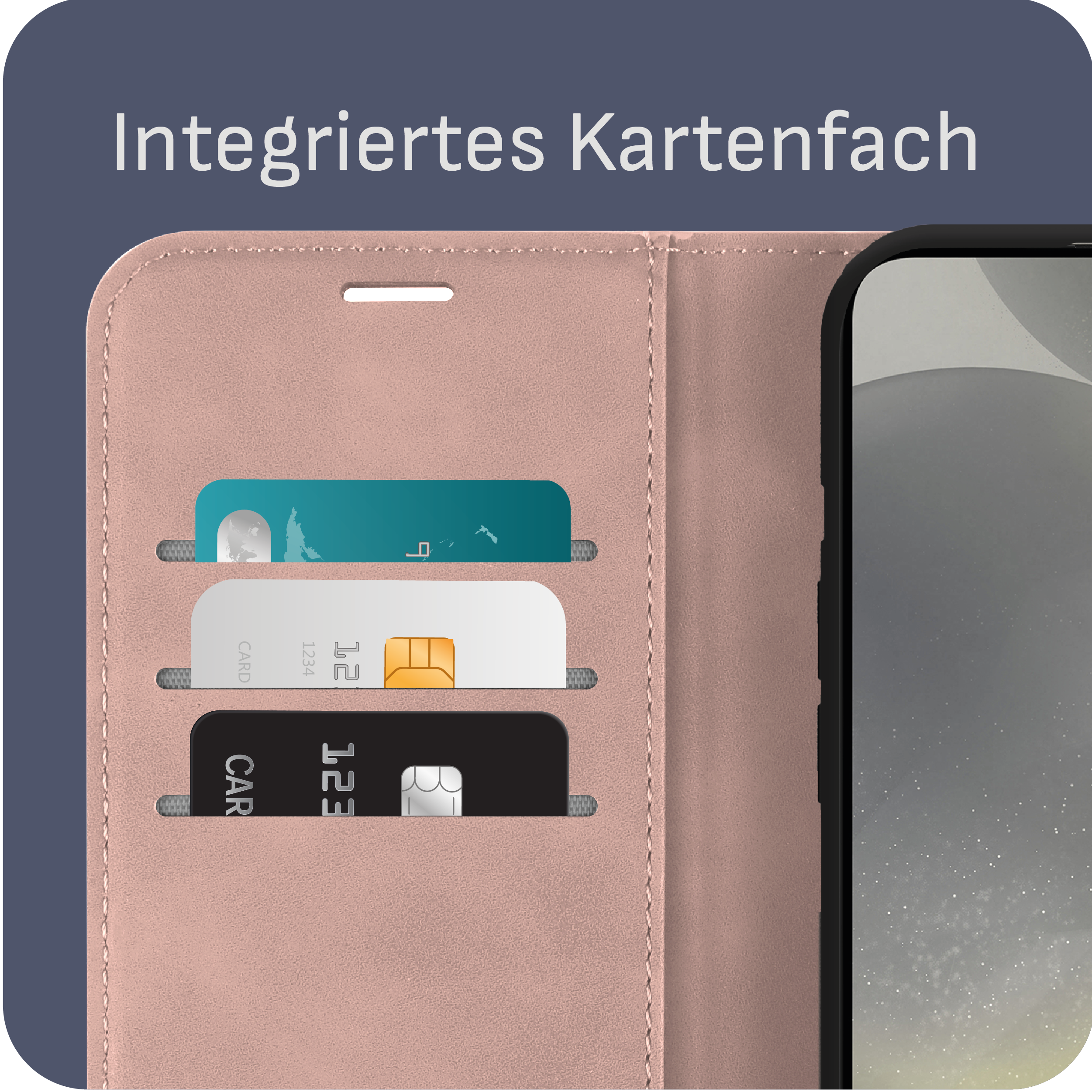 Geöffnete rosa Handyhülle mit Kartenfächern, die Kreditkarten enthalten.