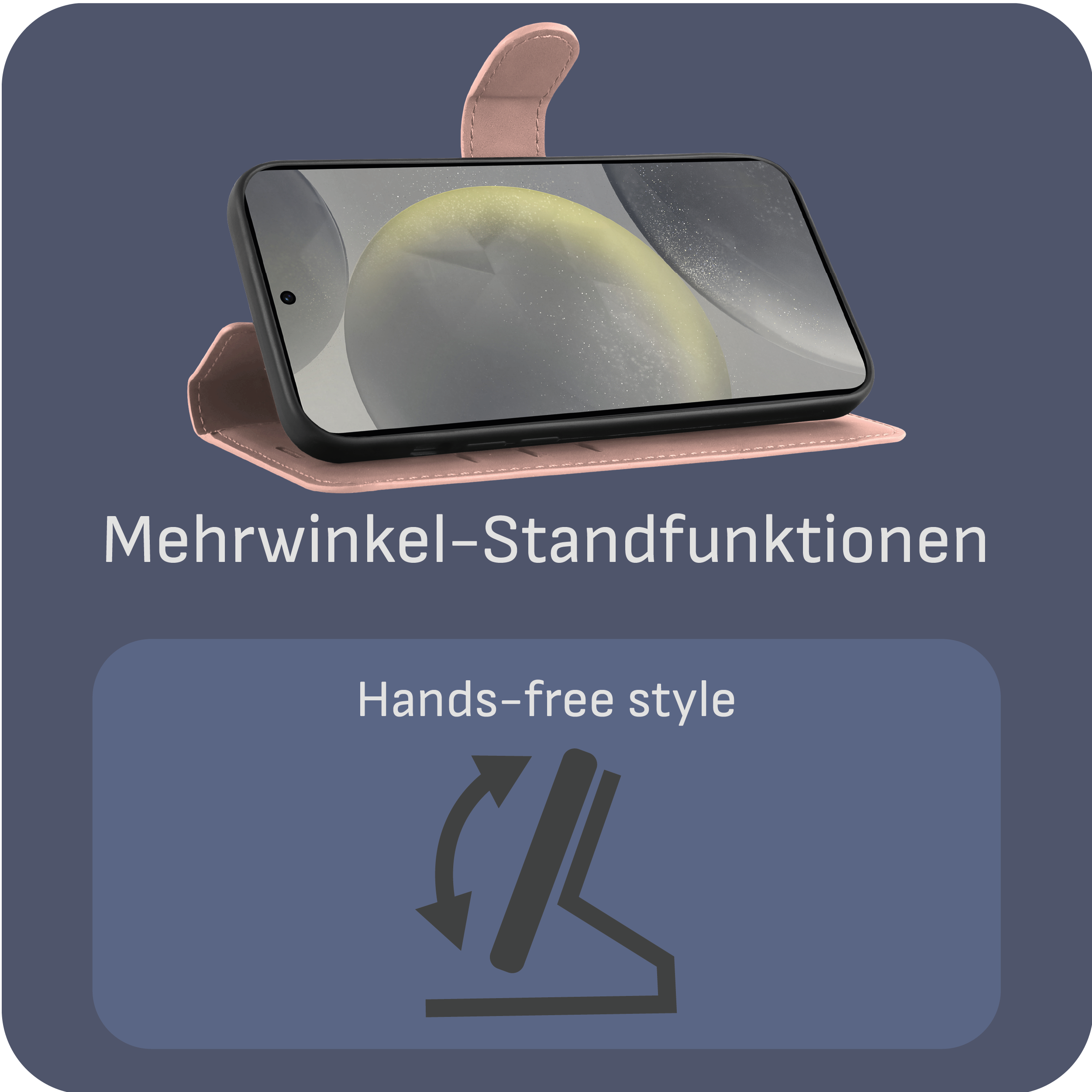 Ein Telefon in einer rosa Hülle auf einer blauen Oberfläche. Text auf Deutsch: Mehrwinkel-Standfunktionen, Hands-free style.
