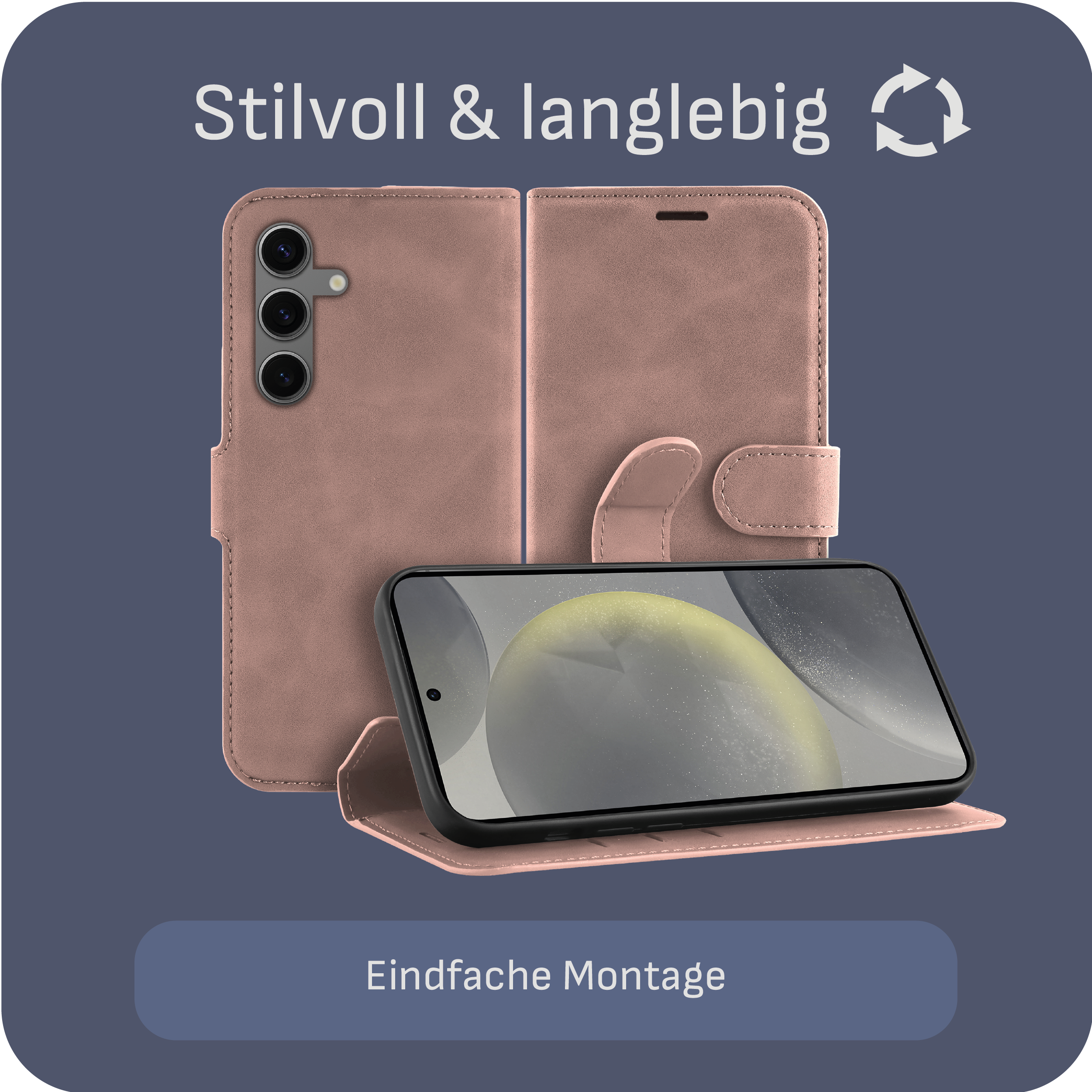 Eine rosa Handyhülle mit einem Telefon darin. Der Hintergrund ist ein Gradient aus Rosa und Blau.