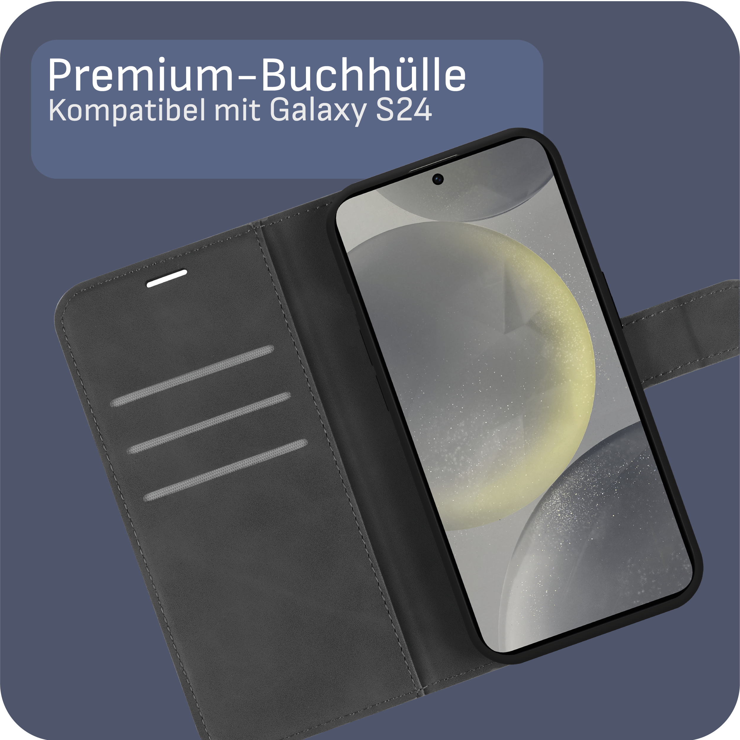 Graue Handyhülle mit Telefon darin. Verfügt über ein Brieftaschen-Design mit Kartenfächern. Dunkelblauer Hintergrund.