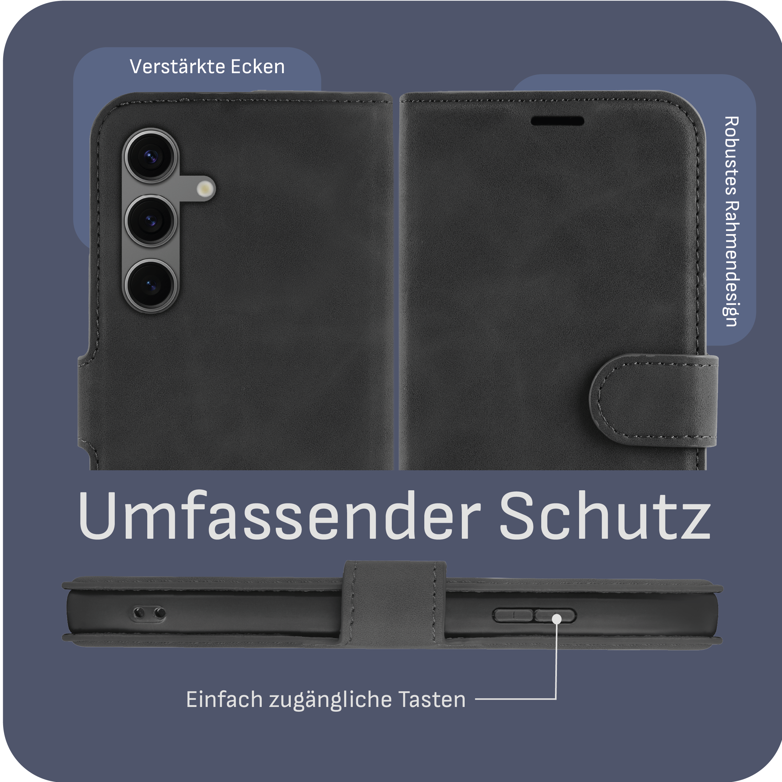 Schwarze Handyhülle mit dem Text 'Umfassender Schutz' und deutschen Beschriftungen.