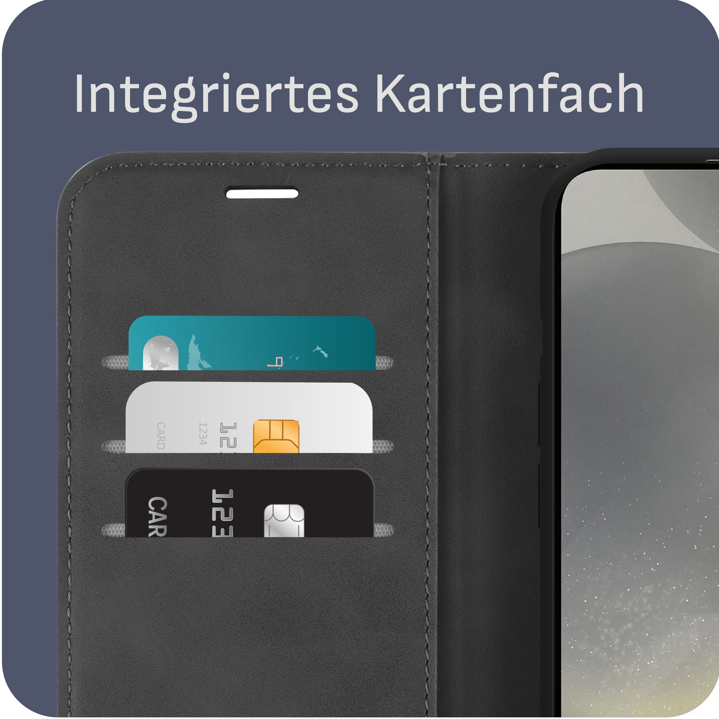 Eine Handyhülle mit Kartenfächern und Karten darin, auf dunkelblauem Hintergrund.