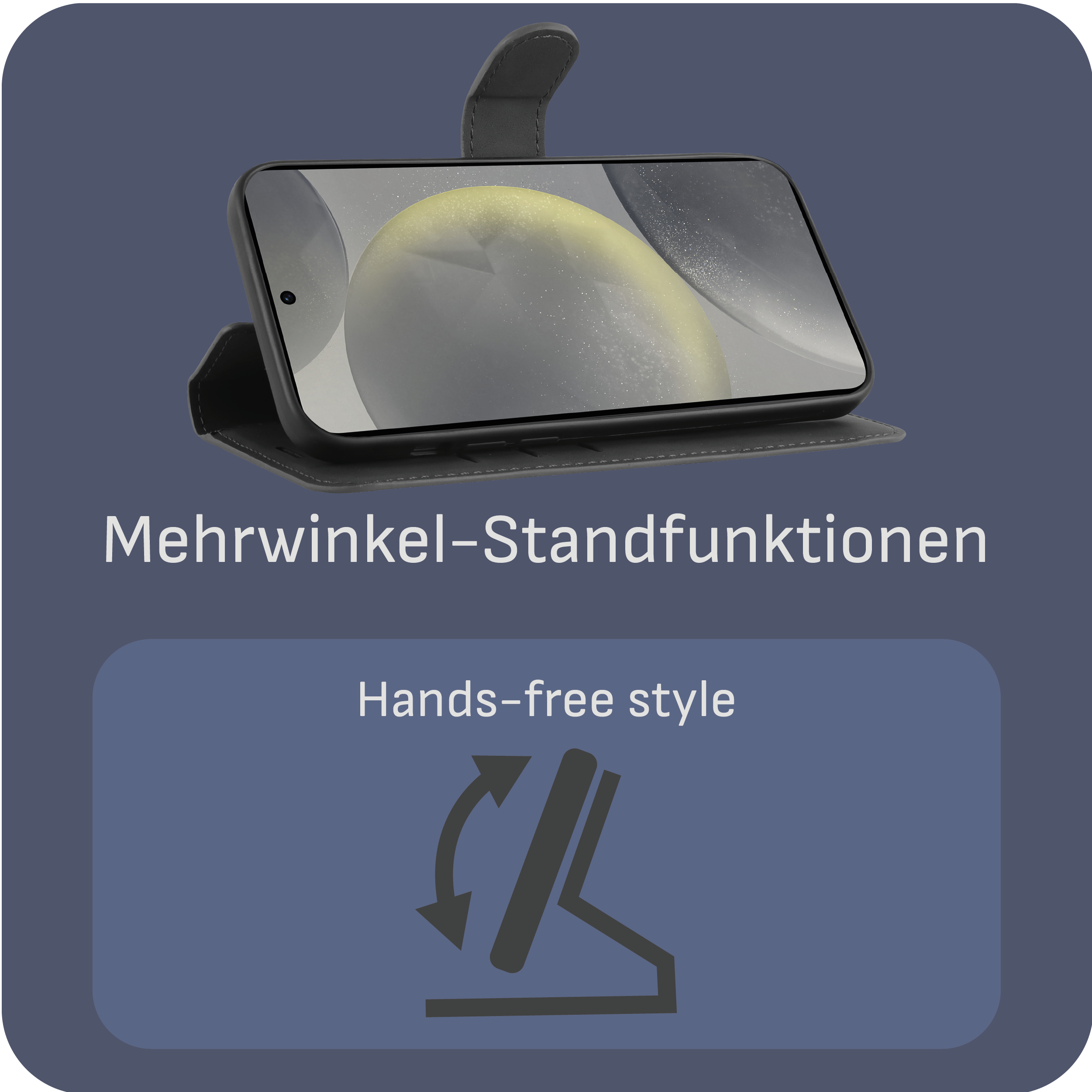 Ein schwarzes Telefon in einer Handyhülle. Text: Mehrwinkel-Standfunktionen. Freisprechstil.