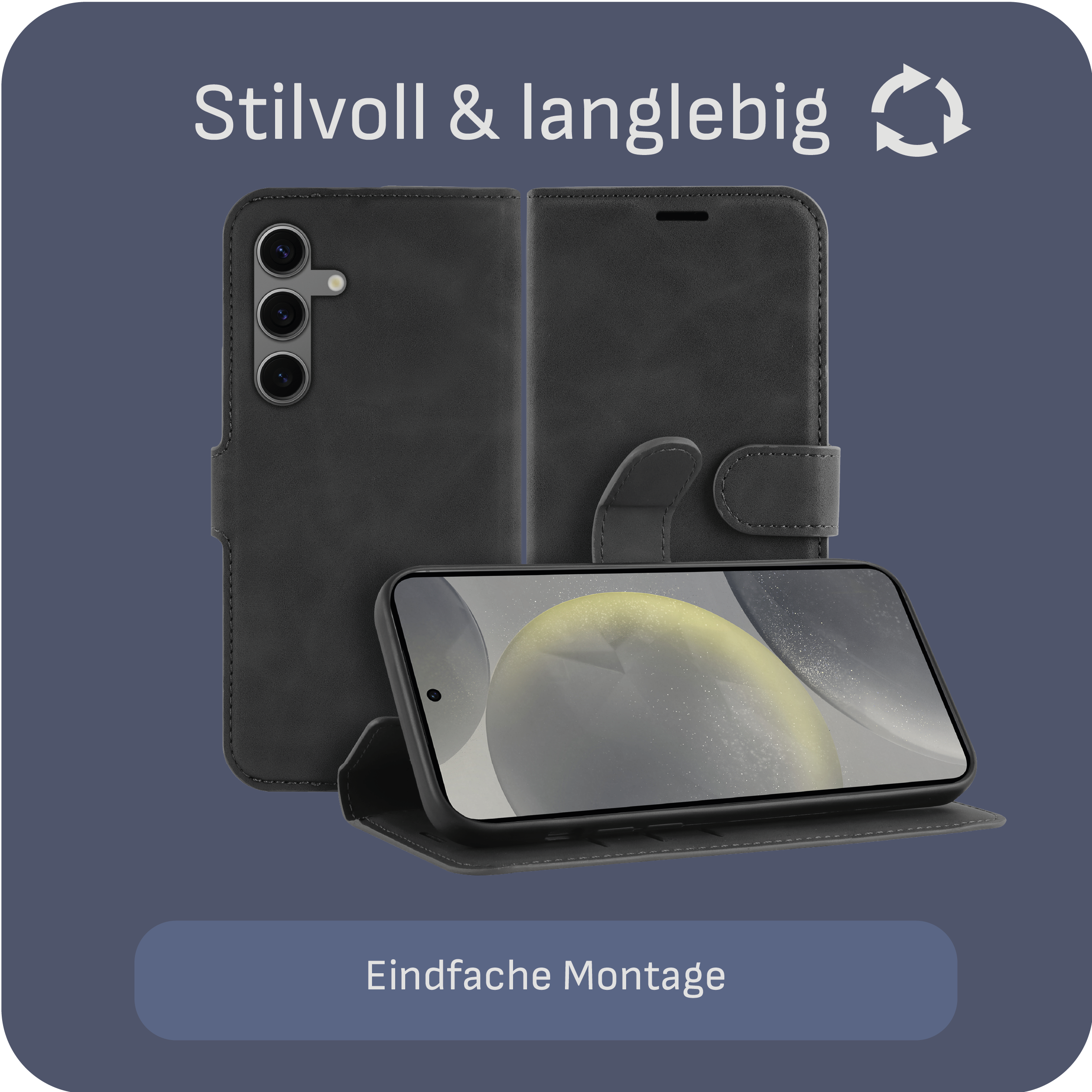 Eine schwarze Handyhülle mit einem Telefon. Es ist eine Brieftaschenhülle mit Magnetverschluss.
