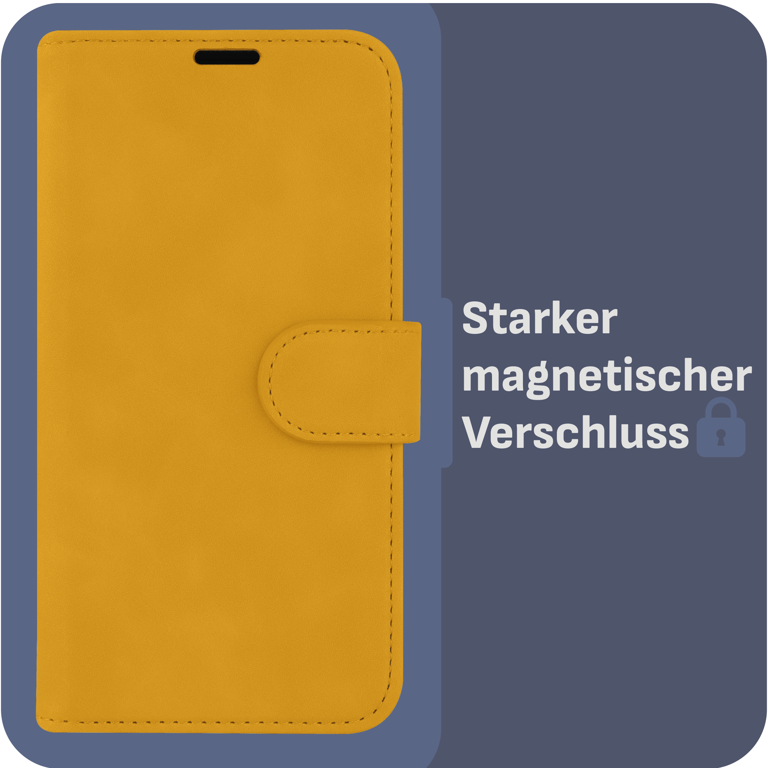 Eine gelbe Handyhülle mit Magnetverschluss. Der Text lautet: Starker magnetischer Verschluss (starker Magnetverschluss).