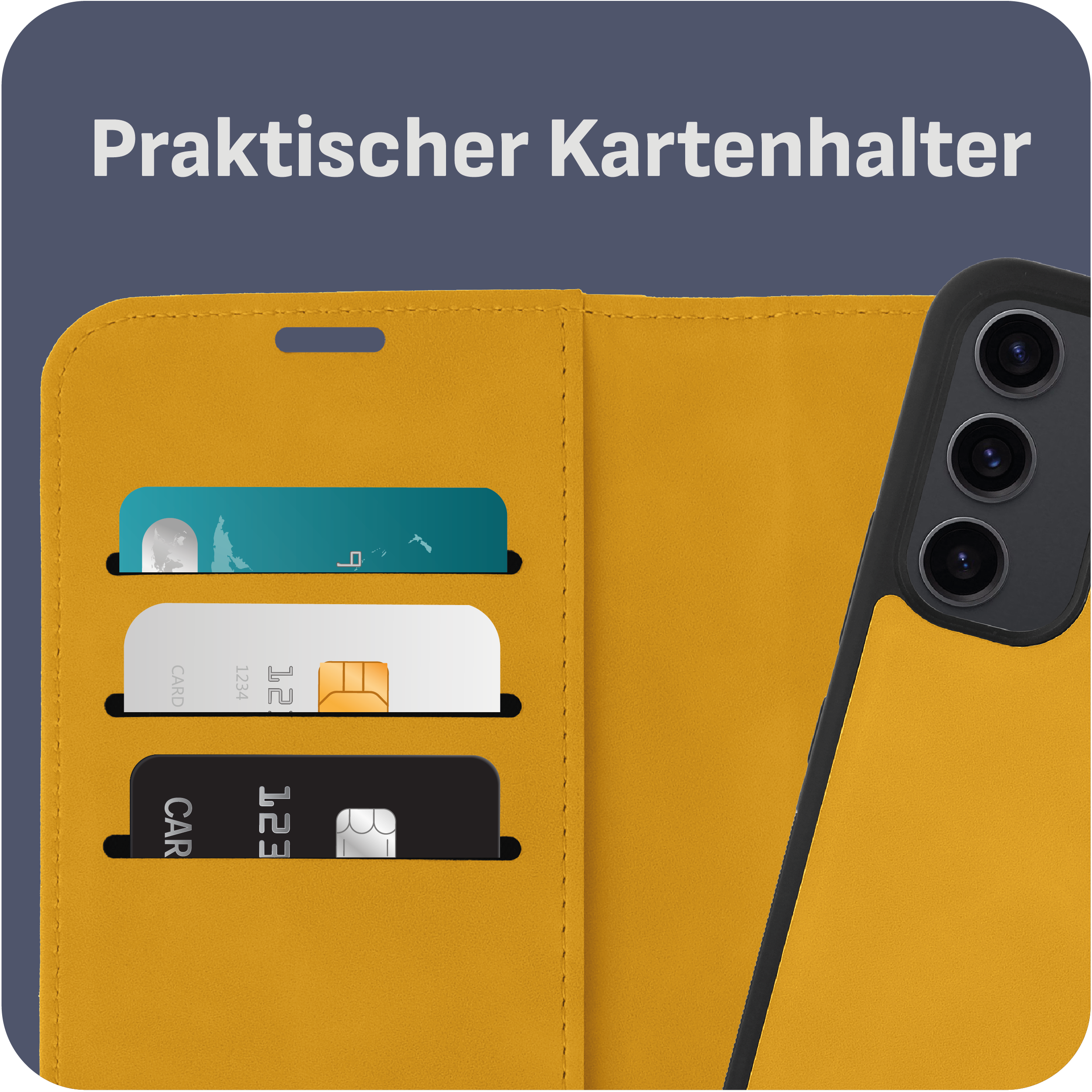 Eine gelbe Handyhülle mit Kartenfächern, die drei Karten hält, vor einem dunkelblauen Hintergrund.
