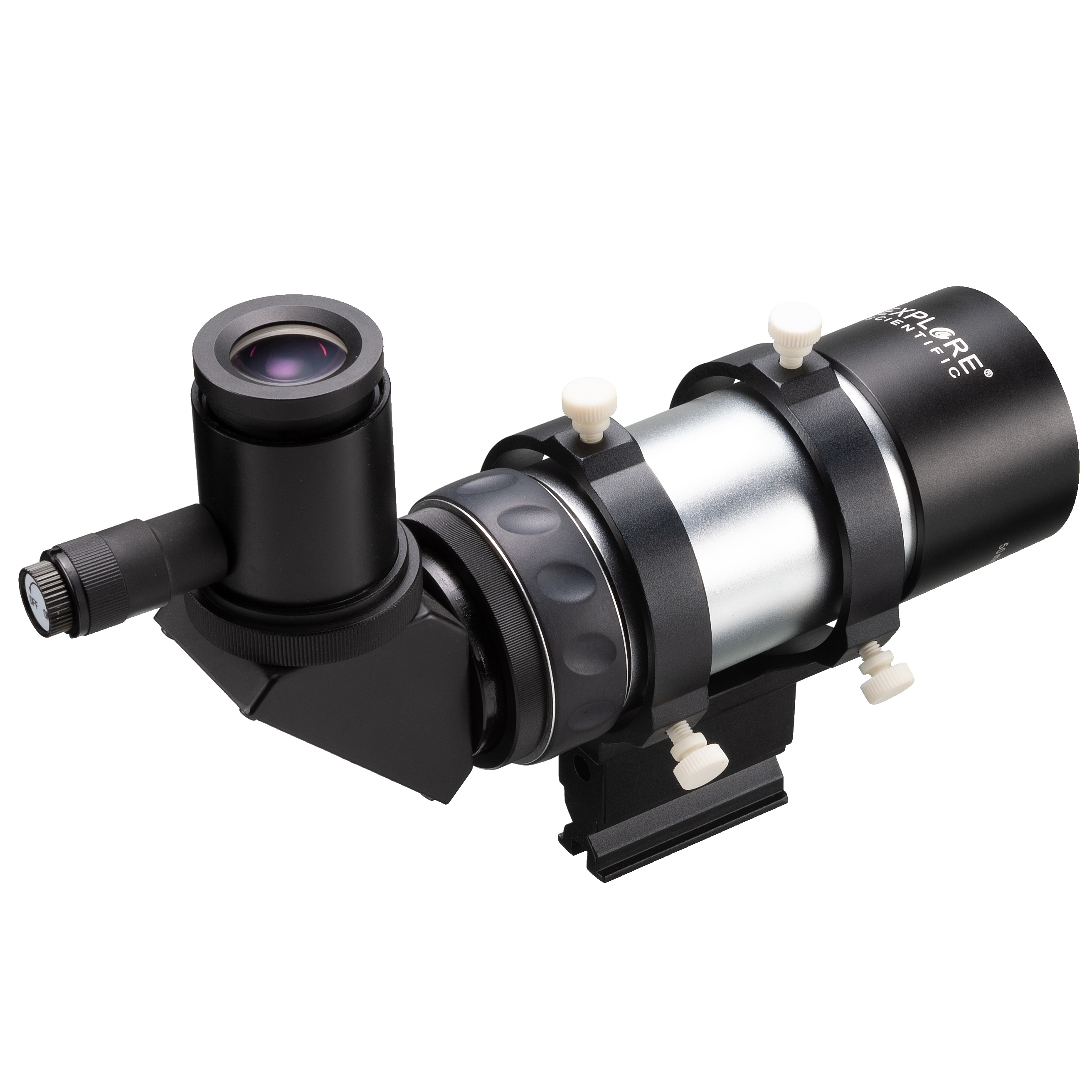 Un telescopio negro con un ocular en ángulo y múltiples perillas de ajuste.