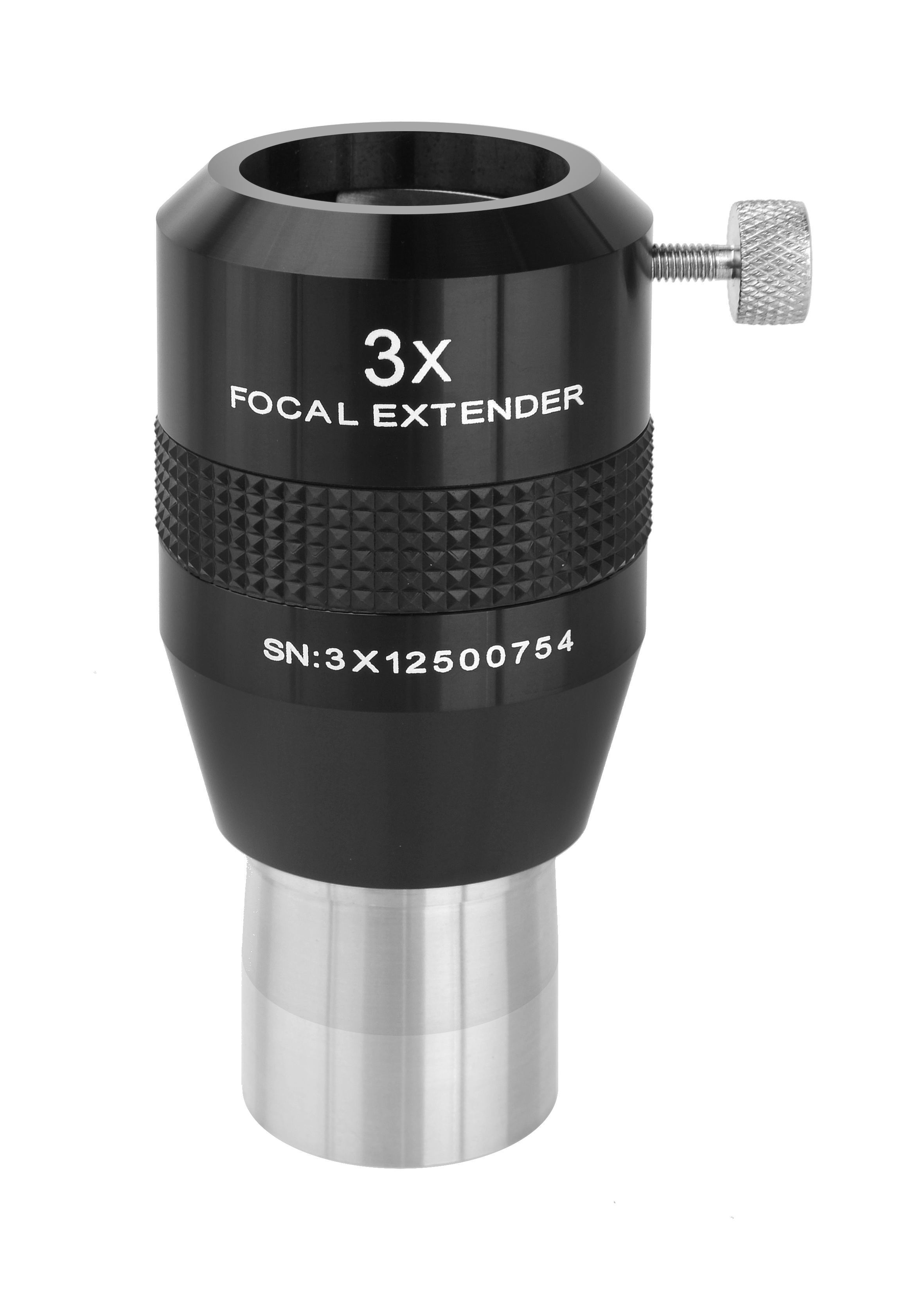 Un extensor focal 3x negro con detalles plateados, etiquetado 'FOCAL EXTENDER' sobre blanco.