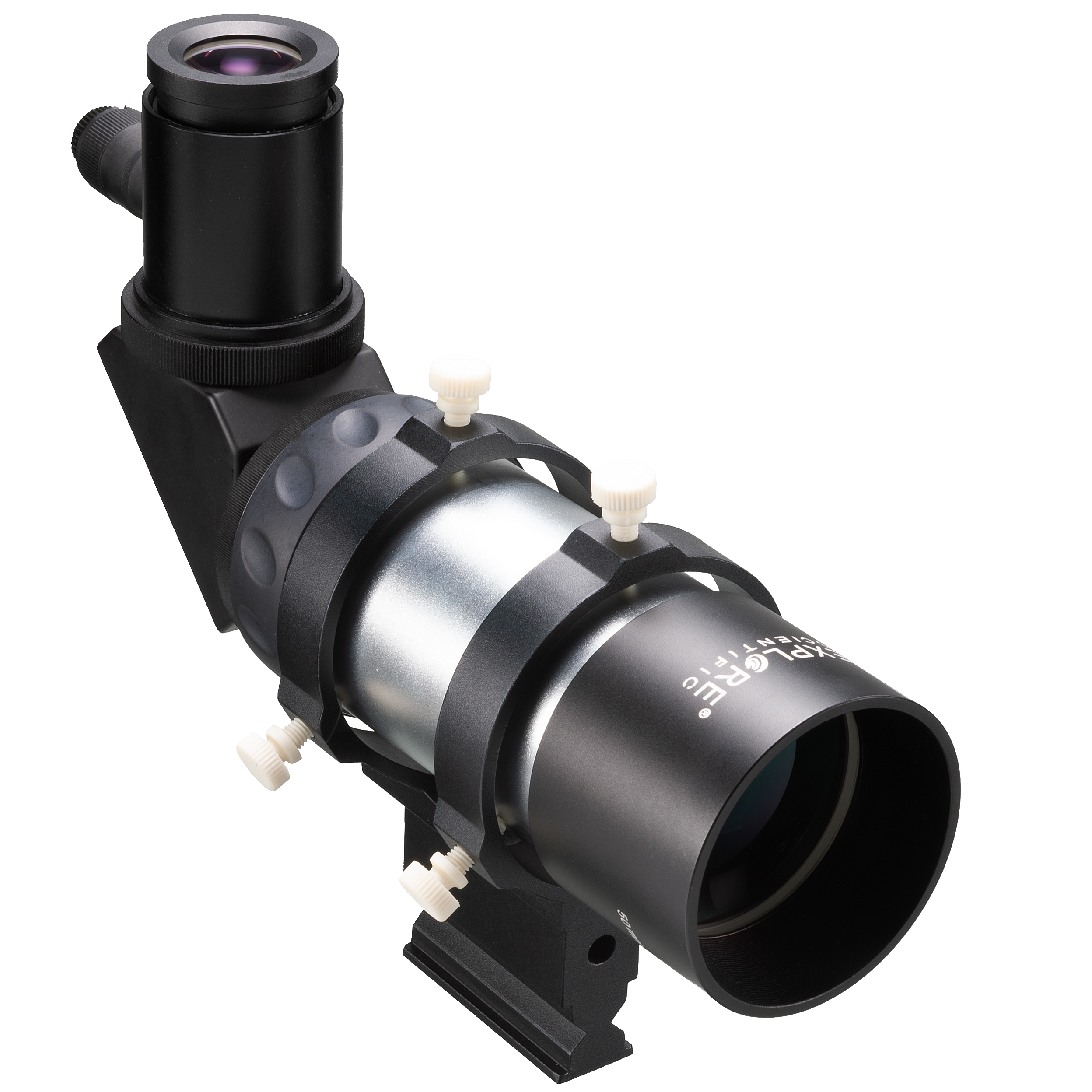 Telescopio con ocular, negro, con perillas de ajuste. El telescopio está sobre un fondo blanco.