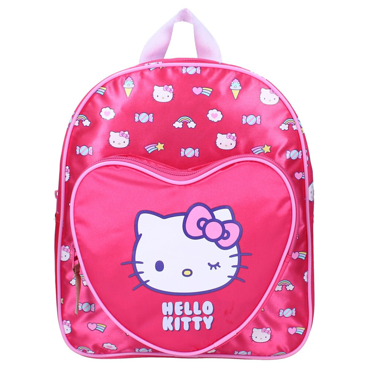 Rosa Hello Kitty Rucksack mit herzförmiger Tasche und mehreren Hello Kitty Icons.