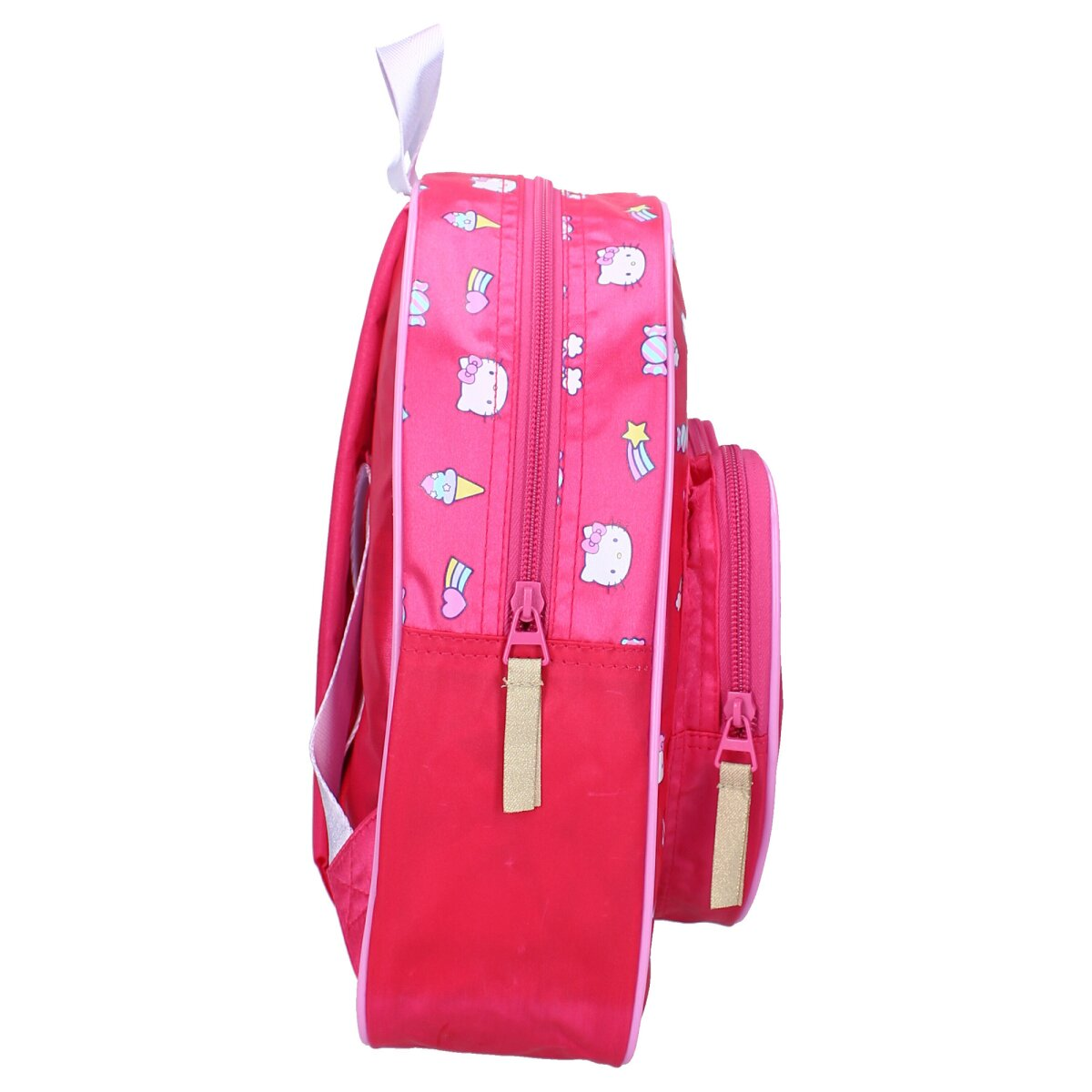 Rosa Rucksack mit Seitenansicht, Reißverschluss und Hello Kitty-Designs.