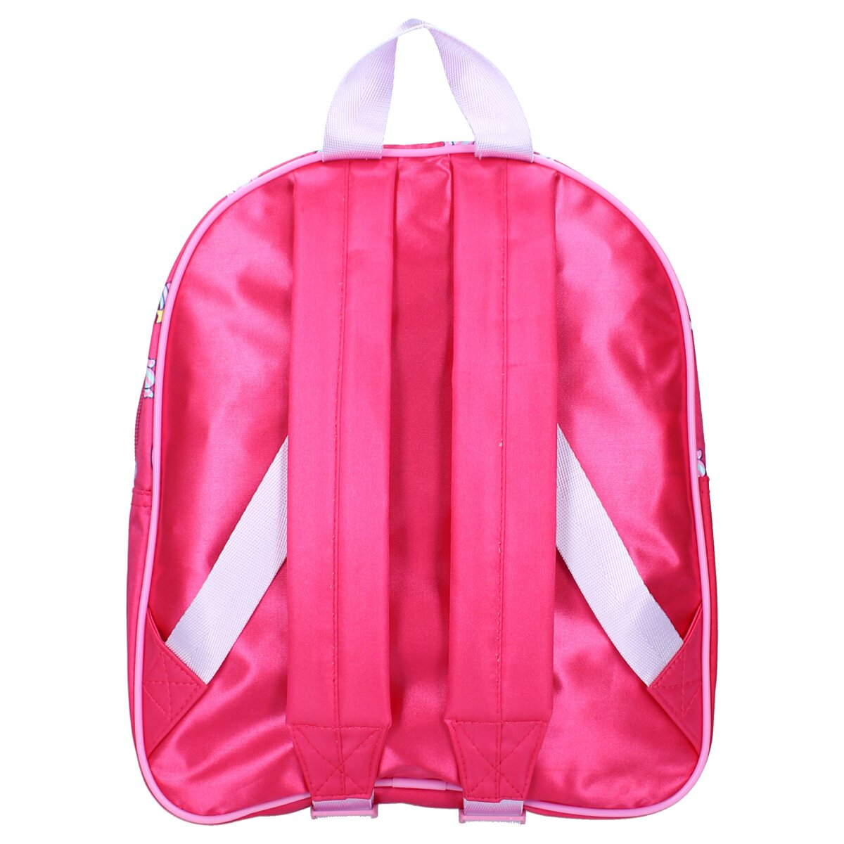 Rosa Rucksack mit weißen Trägern und hellrosa Umrandung.