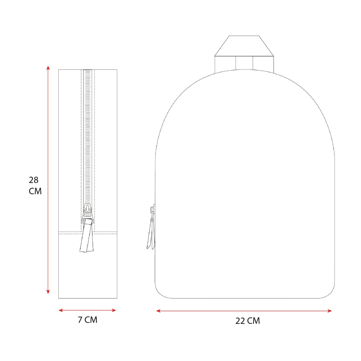 Umriss einer Tasche mit Abmessungen von 28 cm Höhe, 22 cm Breite und 7 cm Tiefe. Ein Reißverschluss ist gezeigt.