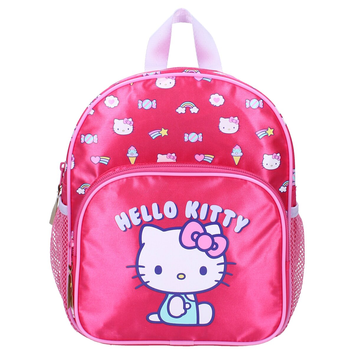 Pinkfarbener Hello Kitty Rucksack mit Verzierungen, Henkel und Trägern.