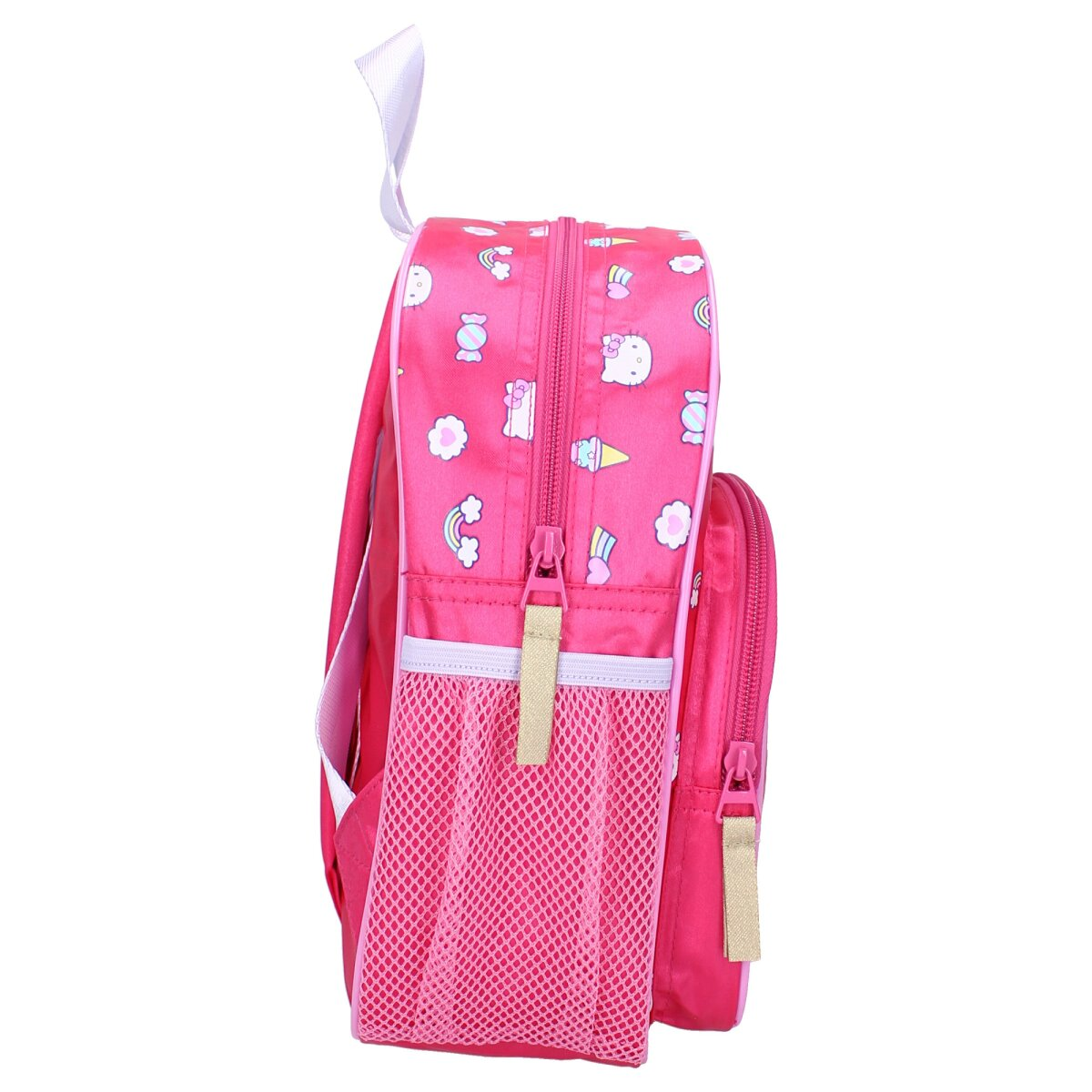 Rosa Rucksack mit Seitenansicht. Er hat eine Seitentasche und einen Griff.