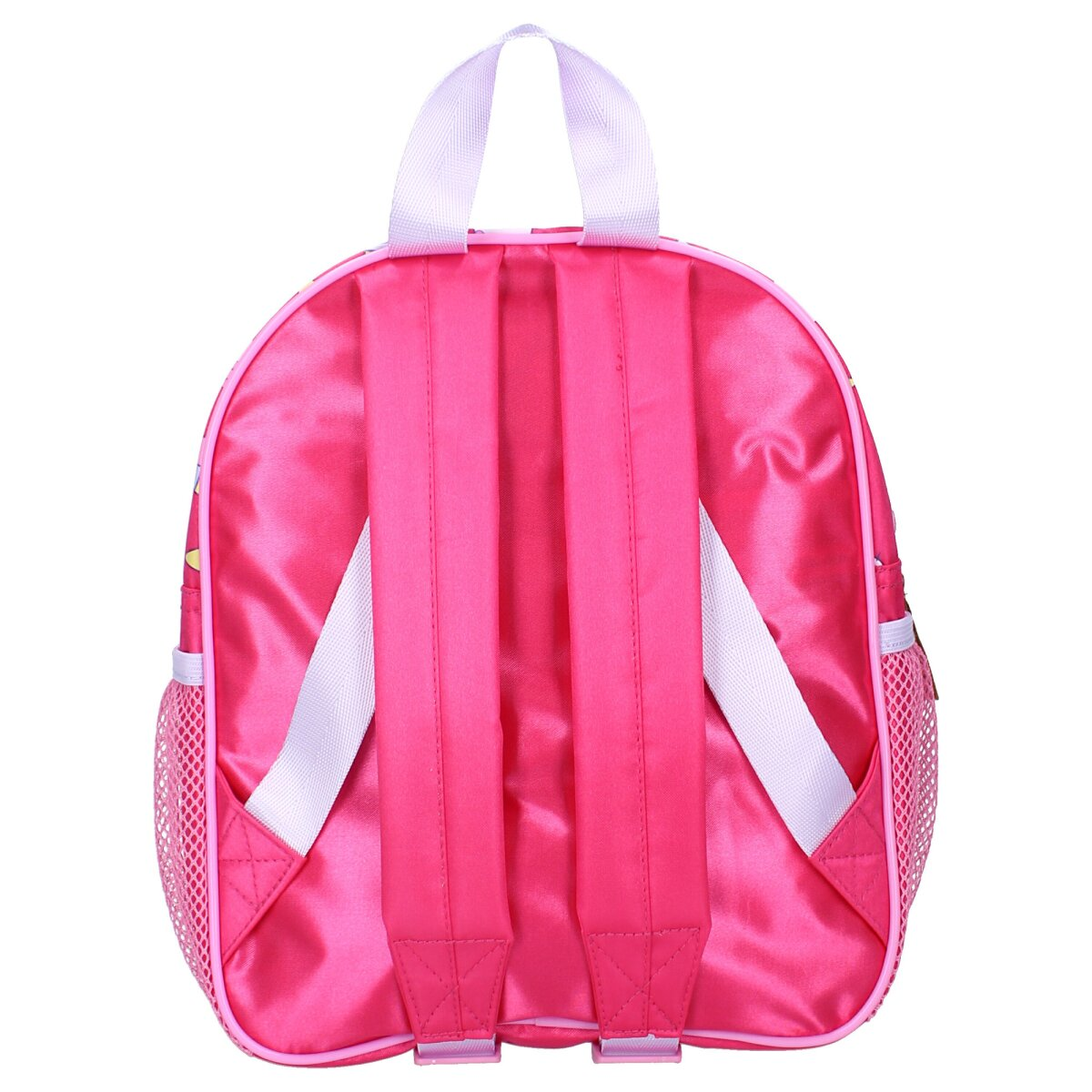 Pinker Rucksack mit weißen Trägern und Netztaschen. Die Rückseite zeigt die Träger und den oberen Griff.