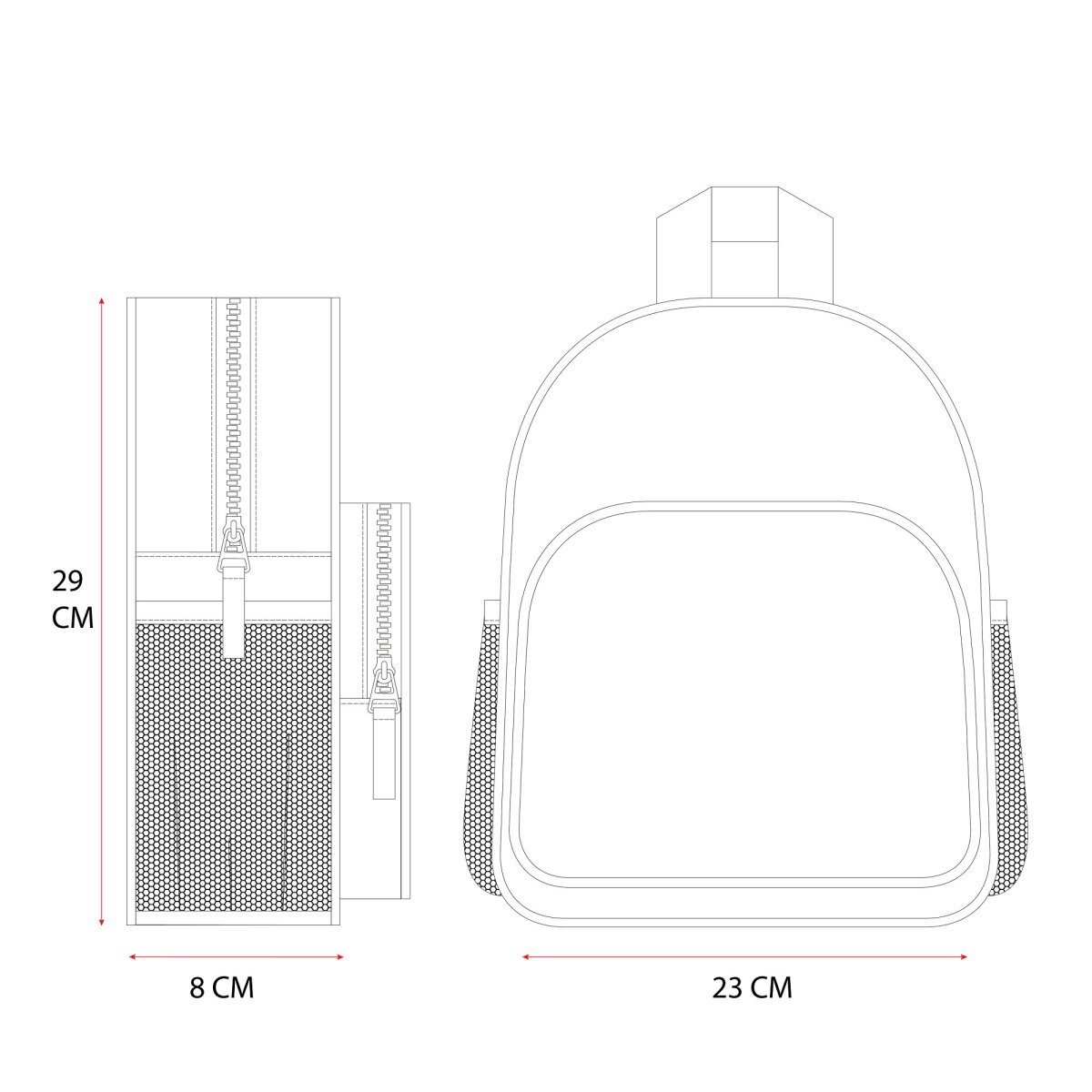 Strichzeichnung eines Rucksacks mit Maßen. Seiten- und Vorderansicht auf weißem Grund.
