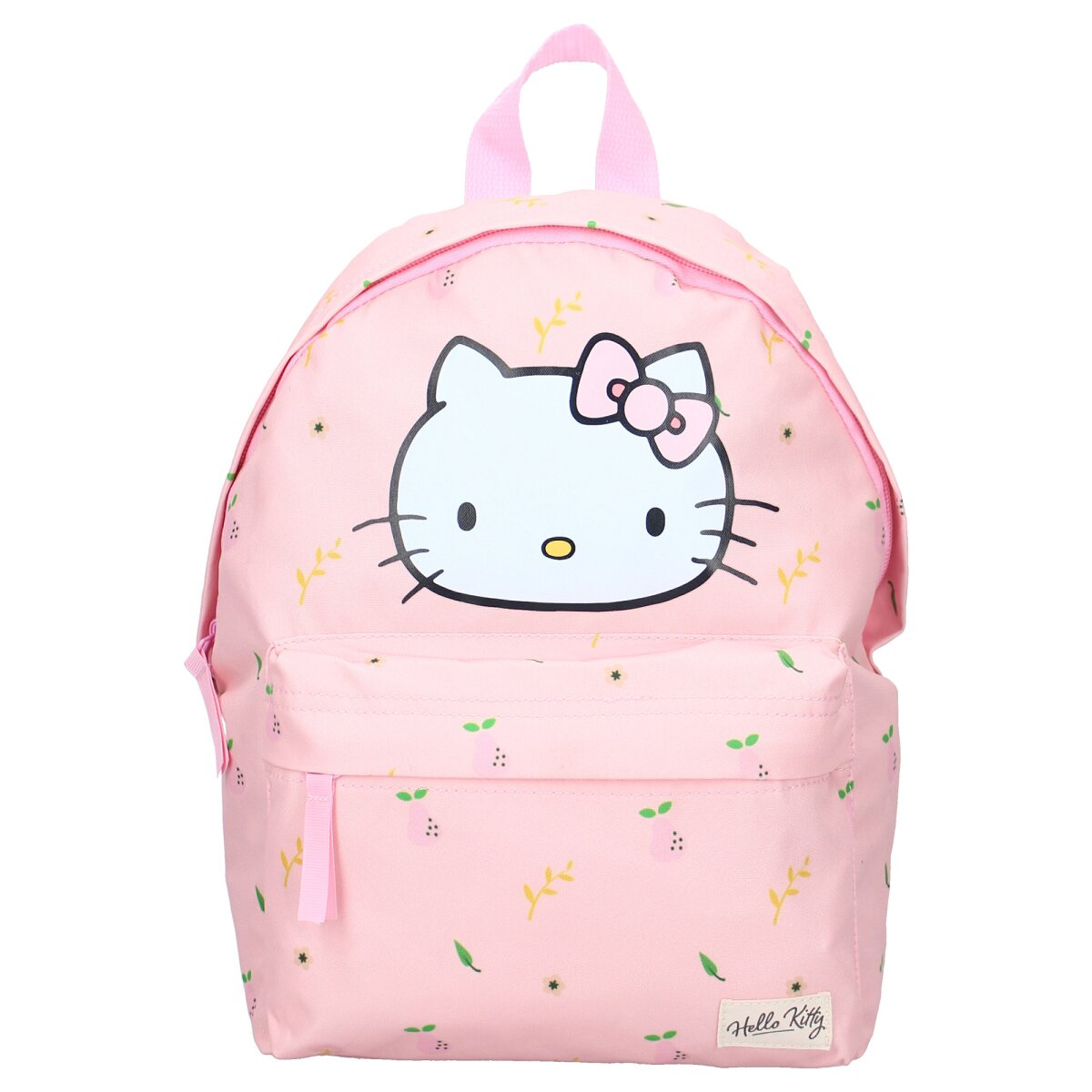 Rosa Hello Kitty Rucksack mit Fronttasche und Hello Kitty Gesicht. Kleines Blumenmuster.