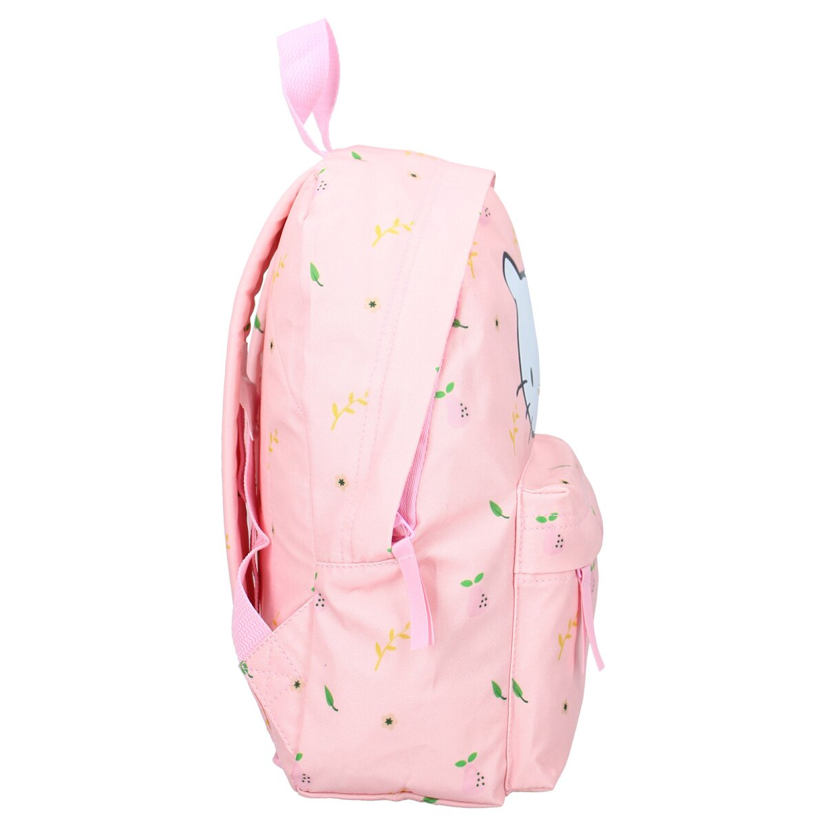 Ein rosa Rucksack mit einem Cartoon-Katzen-Design.
