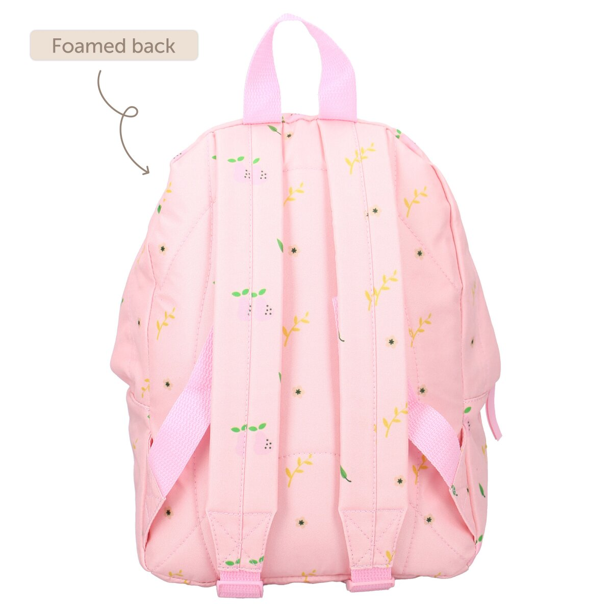 Rosa Rucksack mit Blumenmuster.