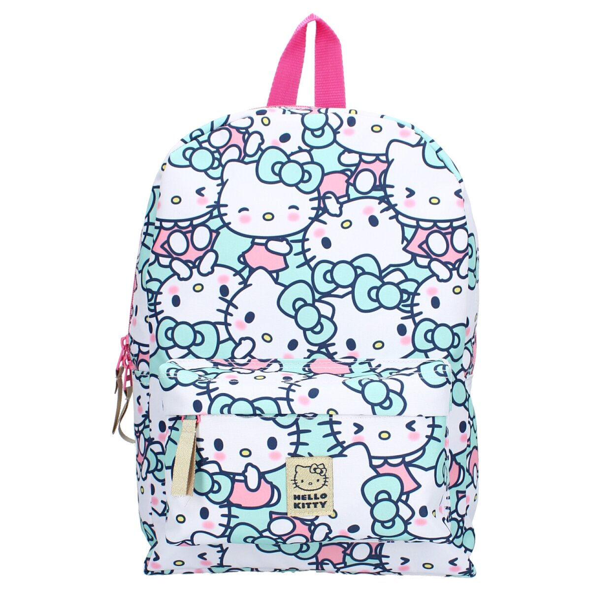 Ein Hello Kitty Rucksack mit mehreren Hello Kitty-Figuren und Schleifen.
