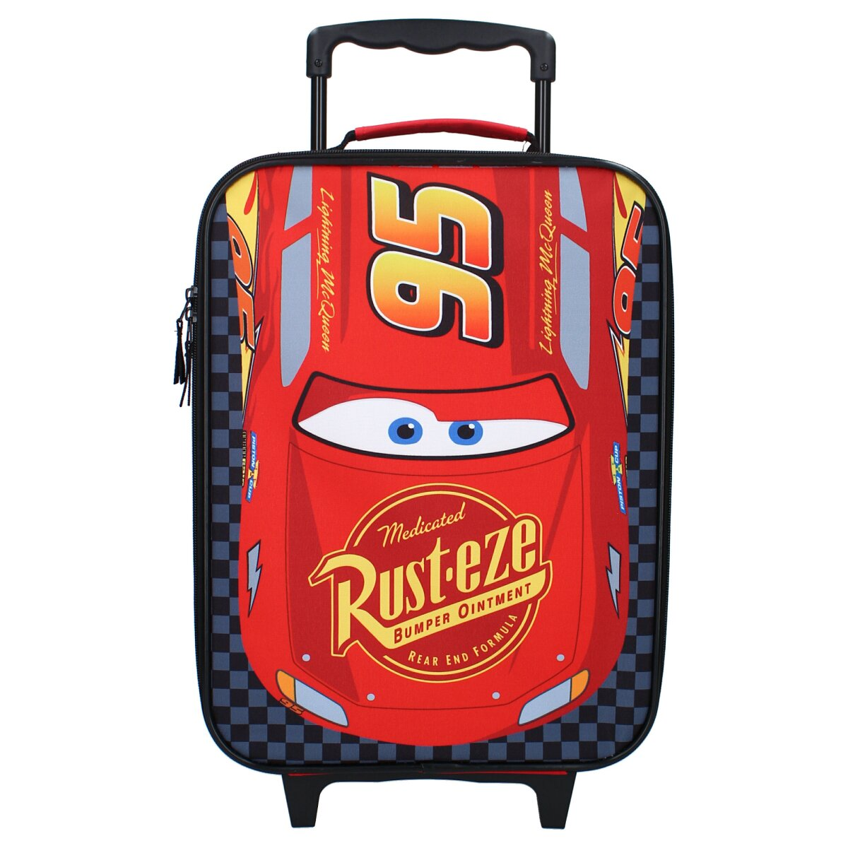 Roter Lightning McQueen Koffer mit '95' und 'Rust-eze' Logos, schwarze Räder.