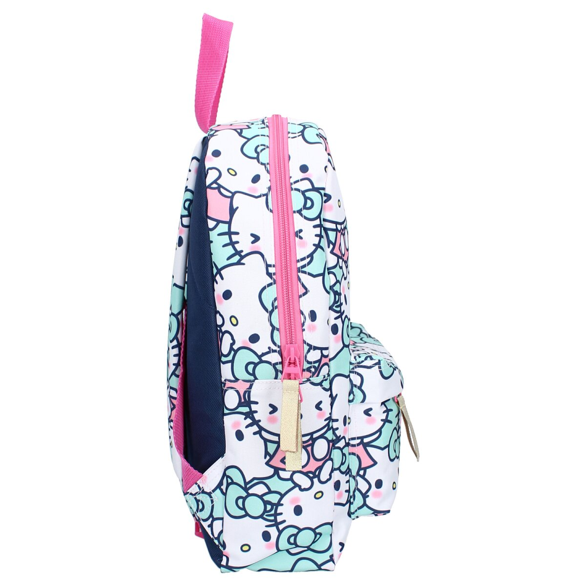 Seitenansicht eines weißen Rucksacks, mit Hello Kitty und Schleifen verziert, pinkfarbener Reißverschluss.
