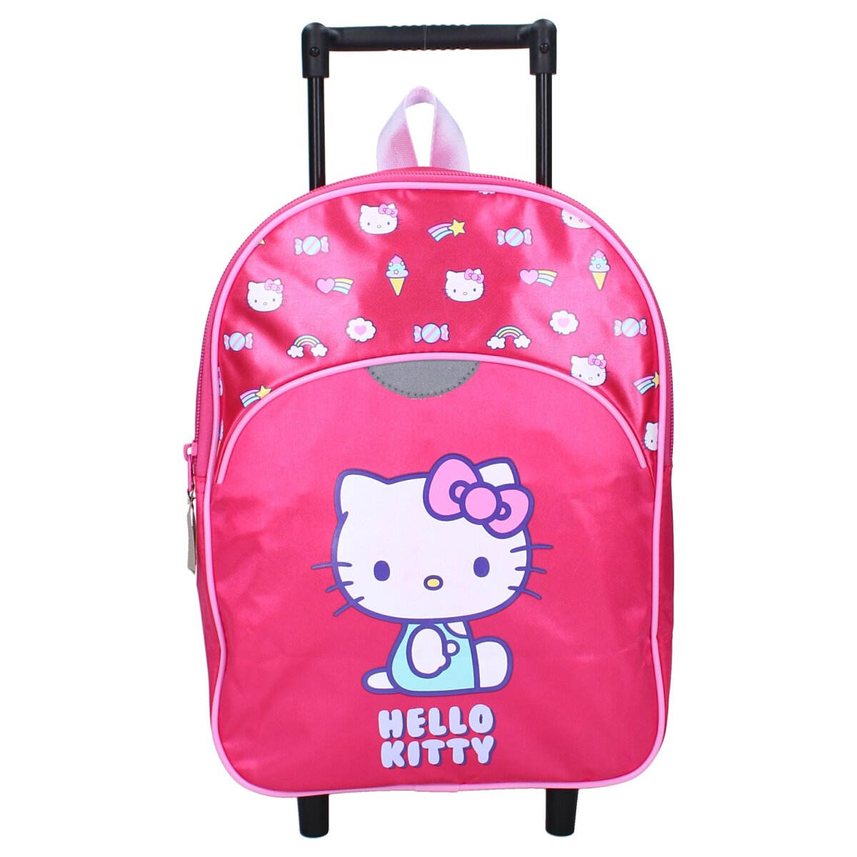 Rosa Hello Kitty Rollkoffer mit Hello Kitty vorne, rosa Schleife und schwarzen Rädern.